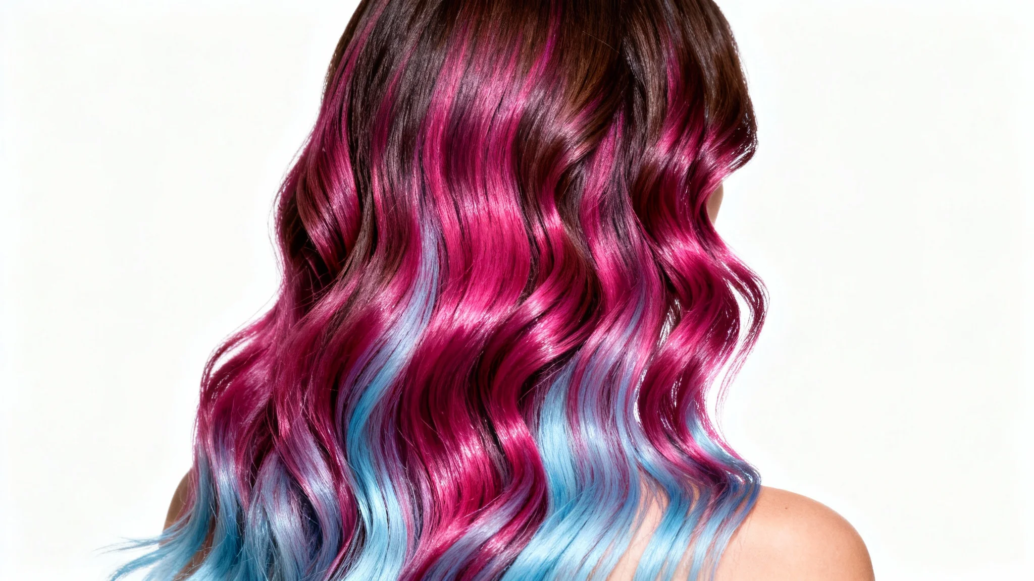 A hyper-realistic studio photo showing the back of a woman's head with long, wavy hair. The hair has a striking color gradient from dark brown roots to magenta and then icy blue tips, all set against a stark white background.