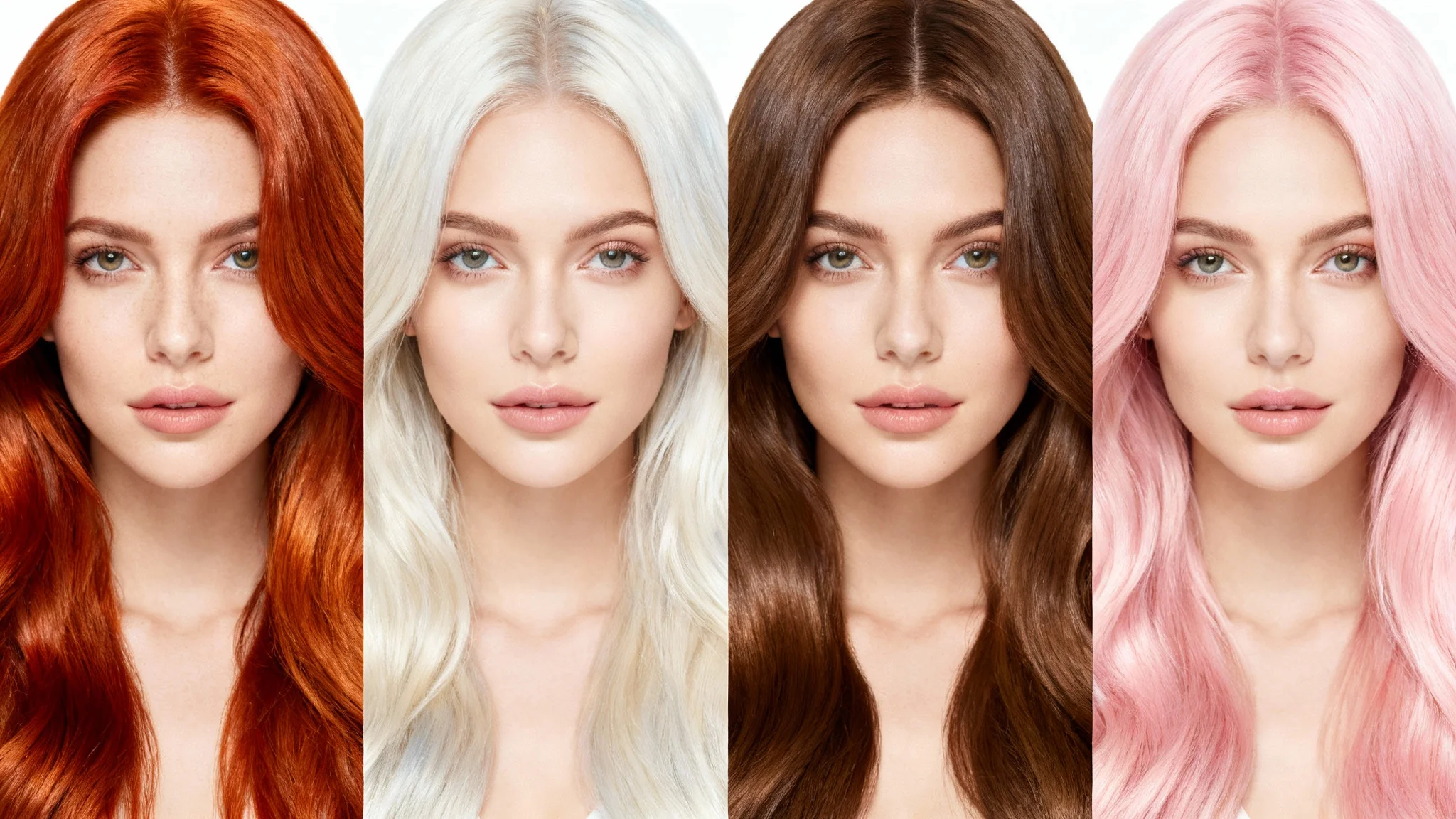 A professional beauty shot displaying four women with diverse and distinct hair colors, red, brown, blonde, and pink, against a stark white background to highlight hair color identification.