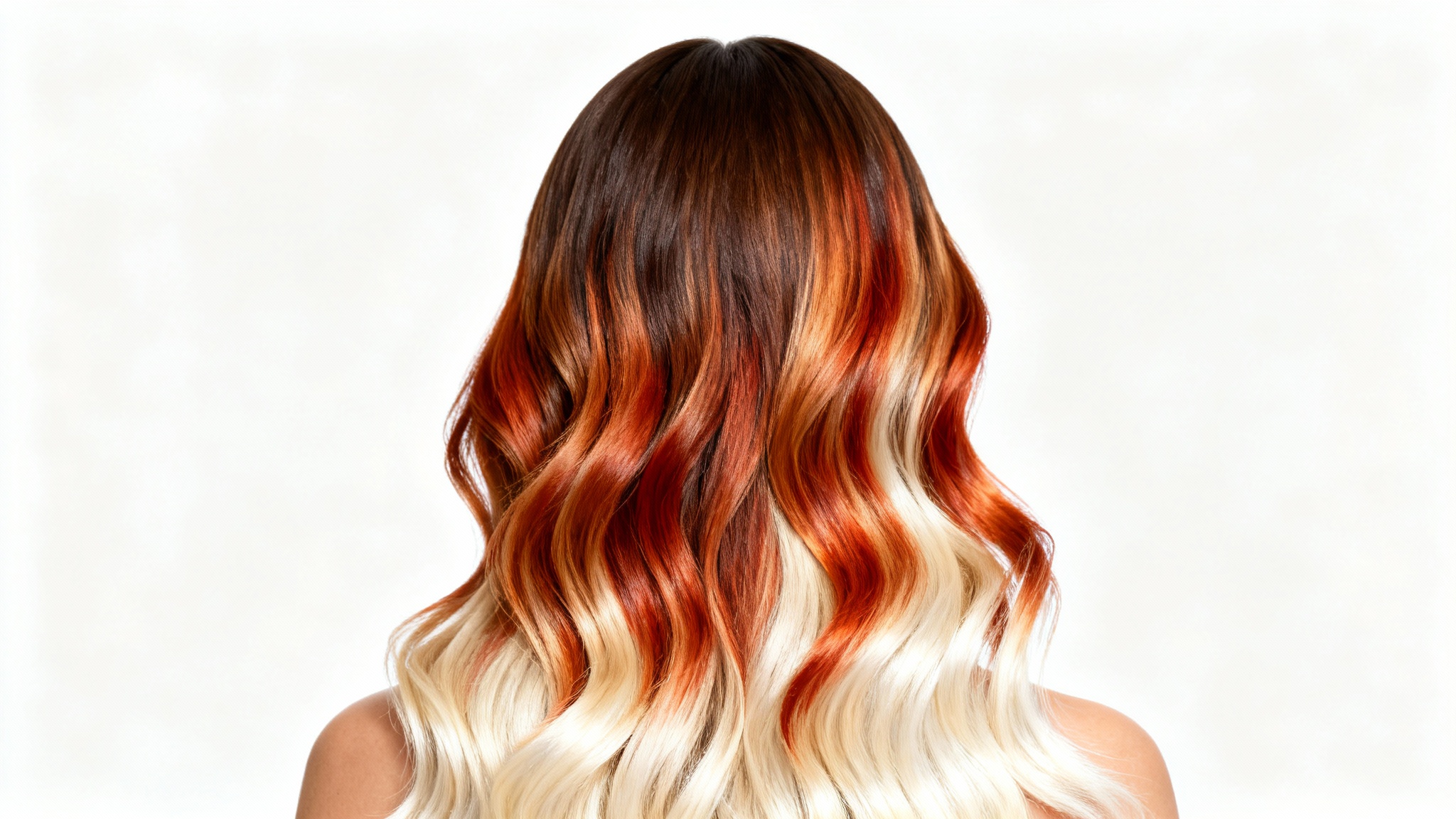 A close-up photograph from behind of a woman's long, wavy hair, displaying a beautiful transition of colors from dark brown to red to platinum blonde, set against a plain white background.