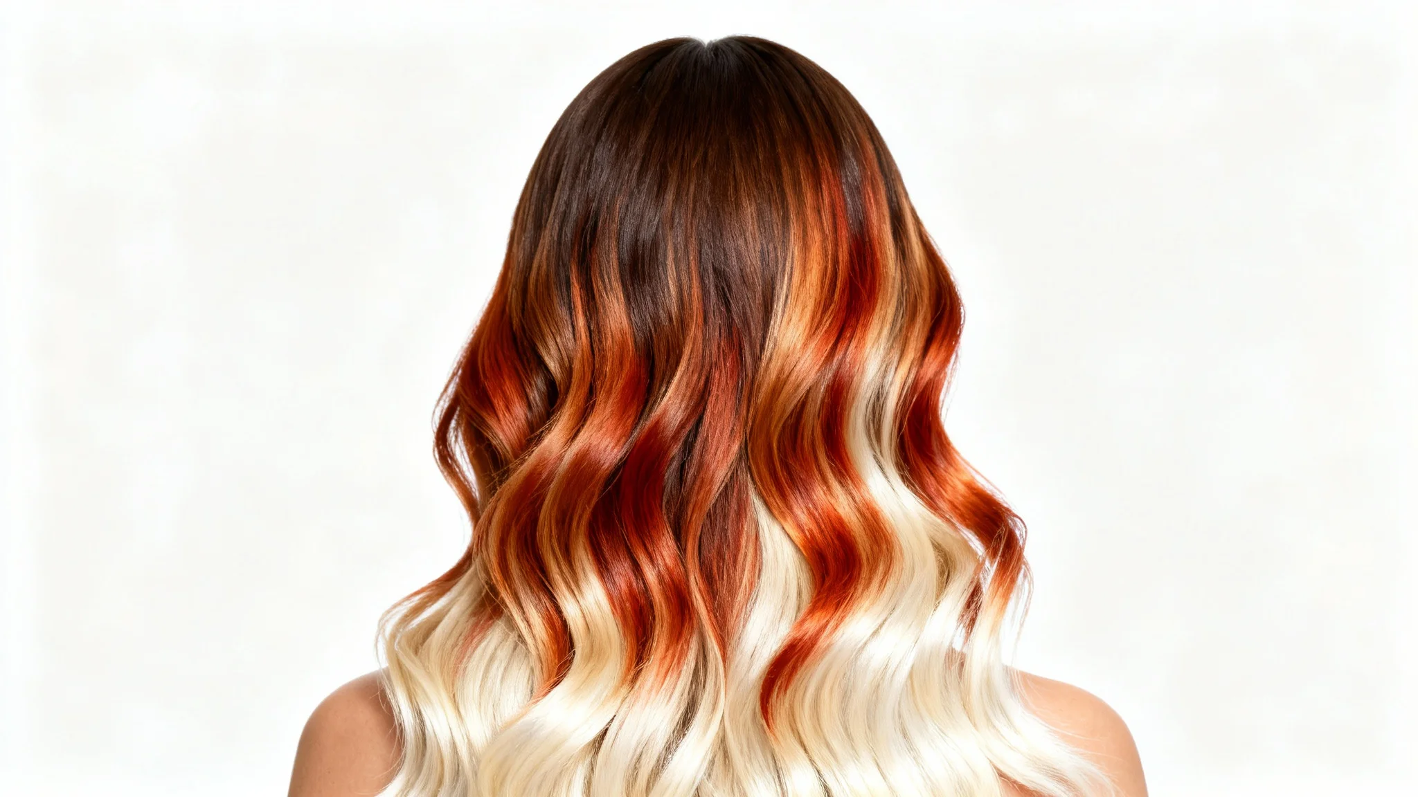 A close-up photograph from behind of a woman's long, wavy hair, displaying a beautiful transition of colors from dark brown to red to platinum blonde, set against a plain white background.