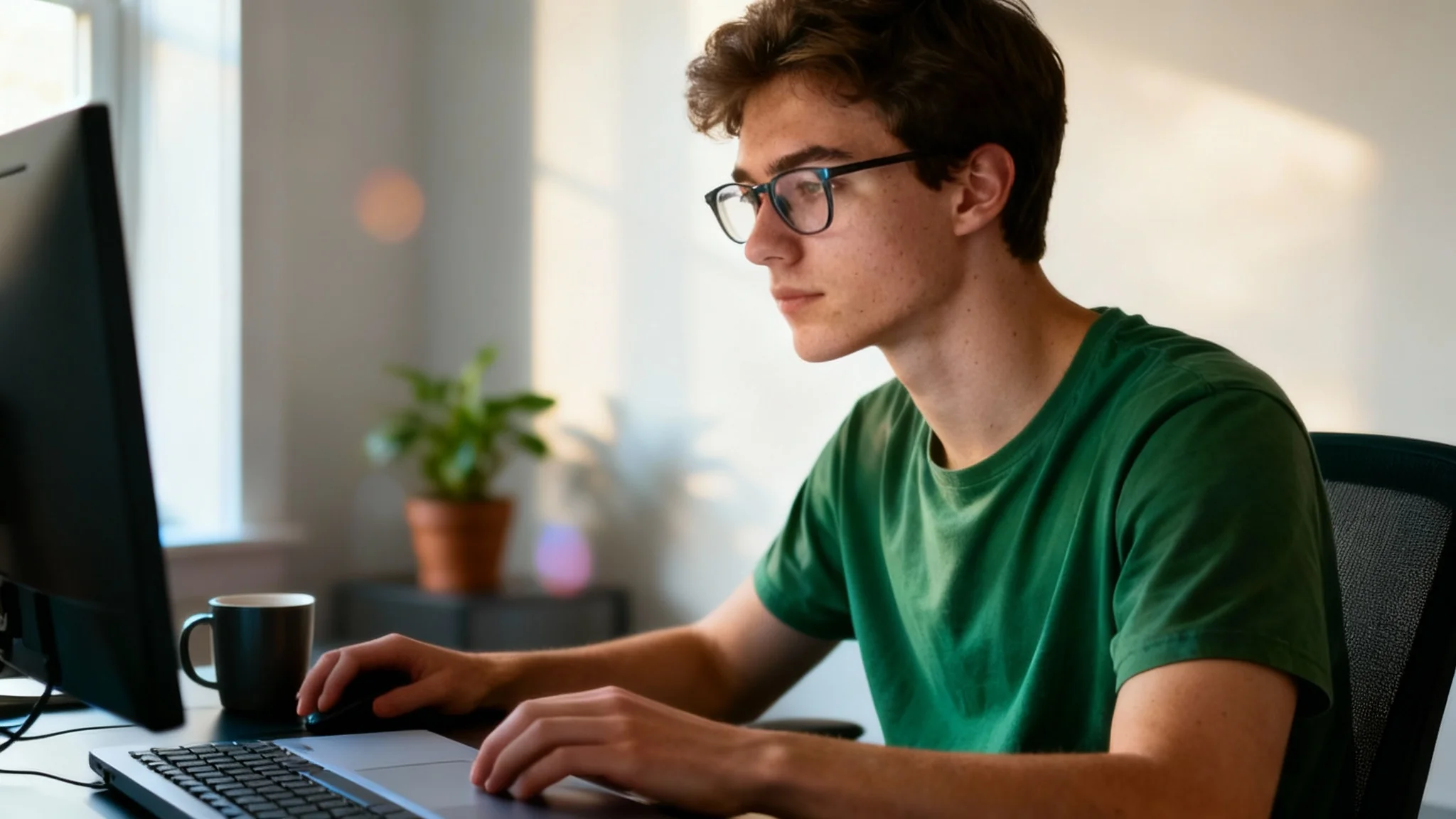 A professionally lit photograph of a young man with glasses working on a laptop at a modern desk, demonstrating the result of an AI lighting correction tool.
