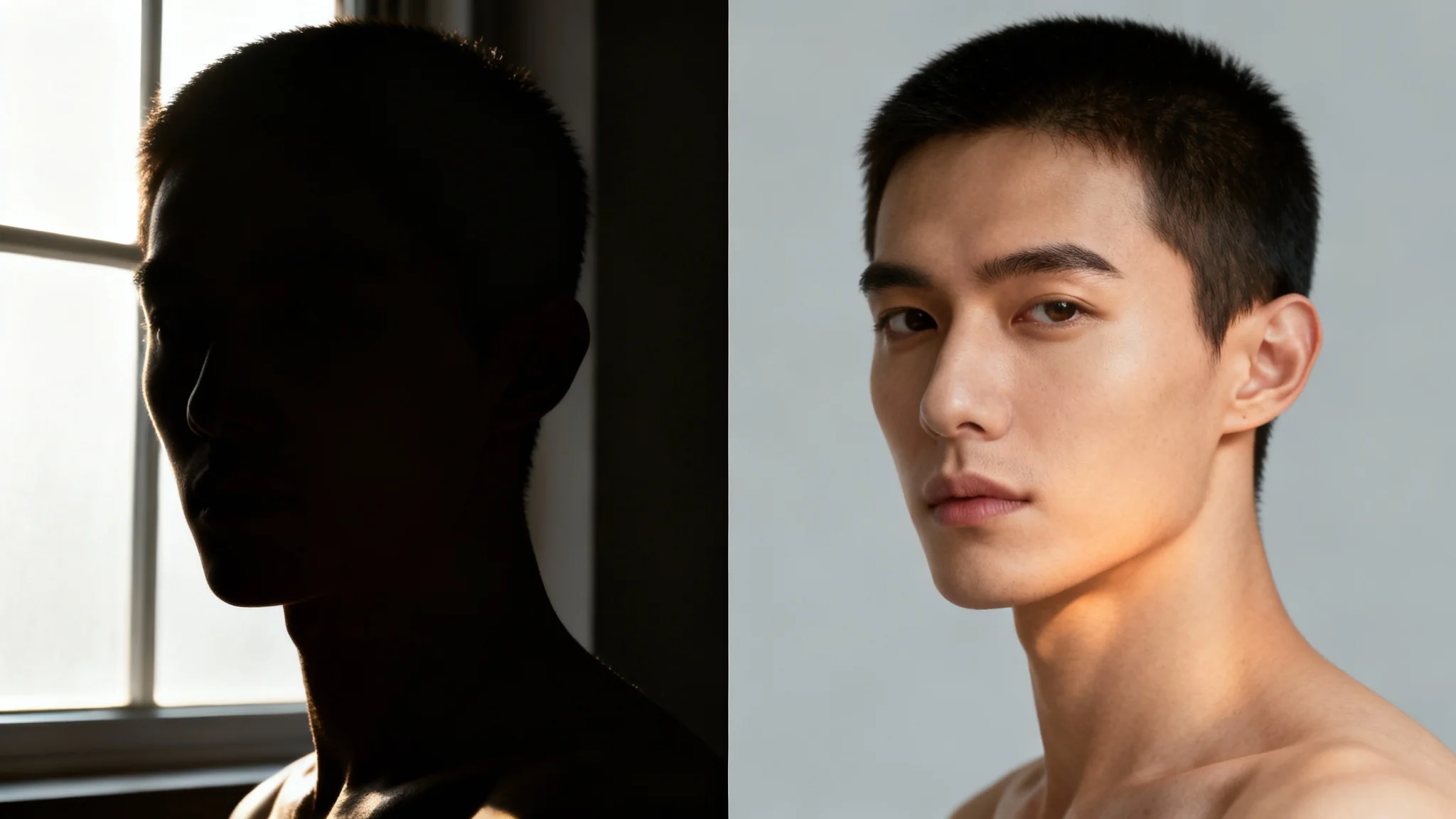 A before-and-after split image showing lighting correction. The left side features a dark, backlit portrait, while the right side shows the same portrait perfectly lit and clear.