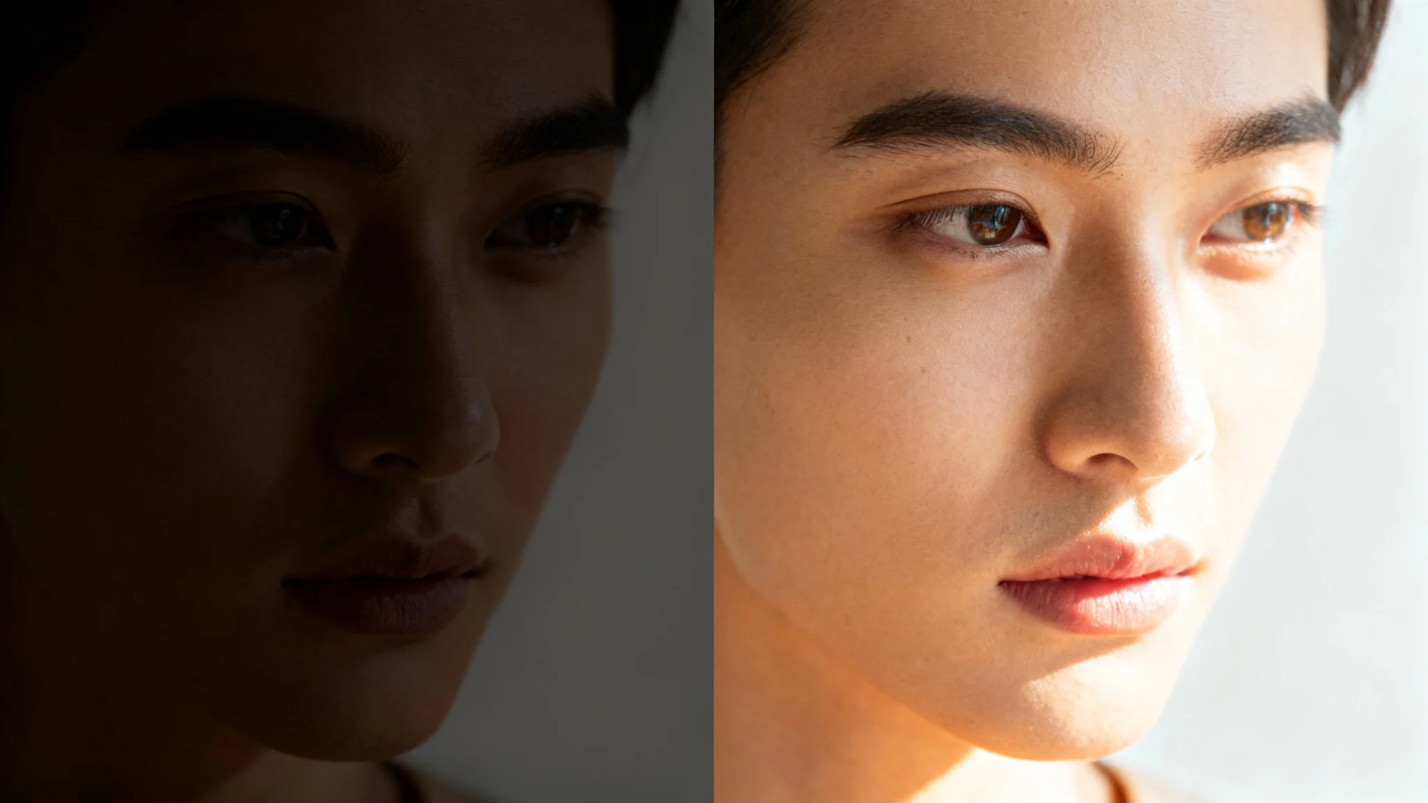 A split-image showing the effect of lighting correction. The left side is a dark, poorly lit portrait, and the right side shows the same portrait but bright, clear, and professionally lit.
