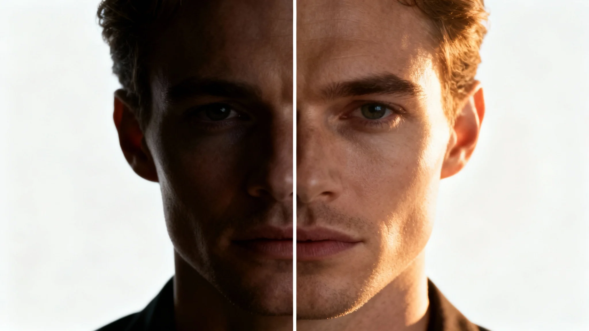 A split-image comparison of a portrait before and after lighting correction. The 'before' side is dark and poorly lit, while the 'after' side is bright, clear, and professionally illuminated.