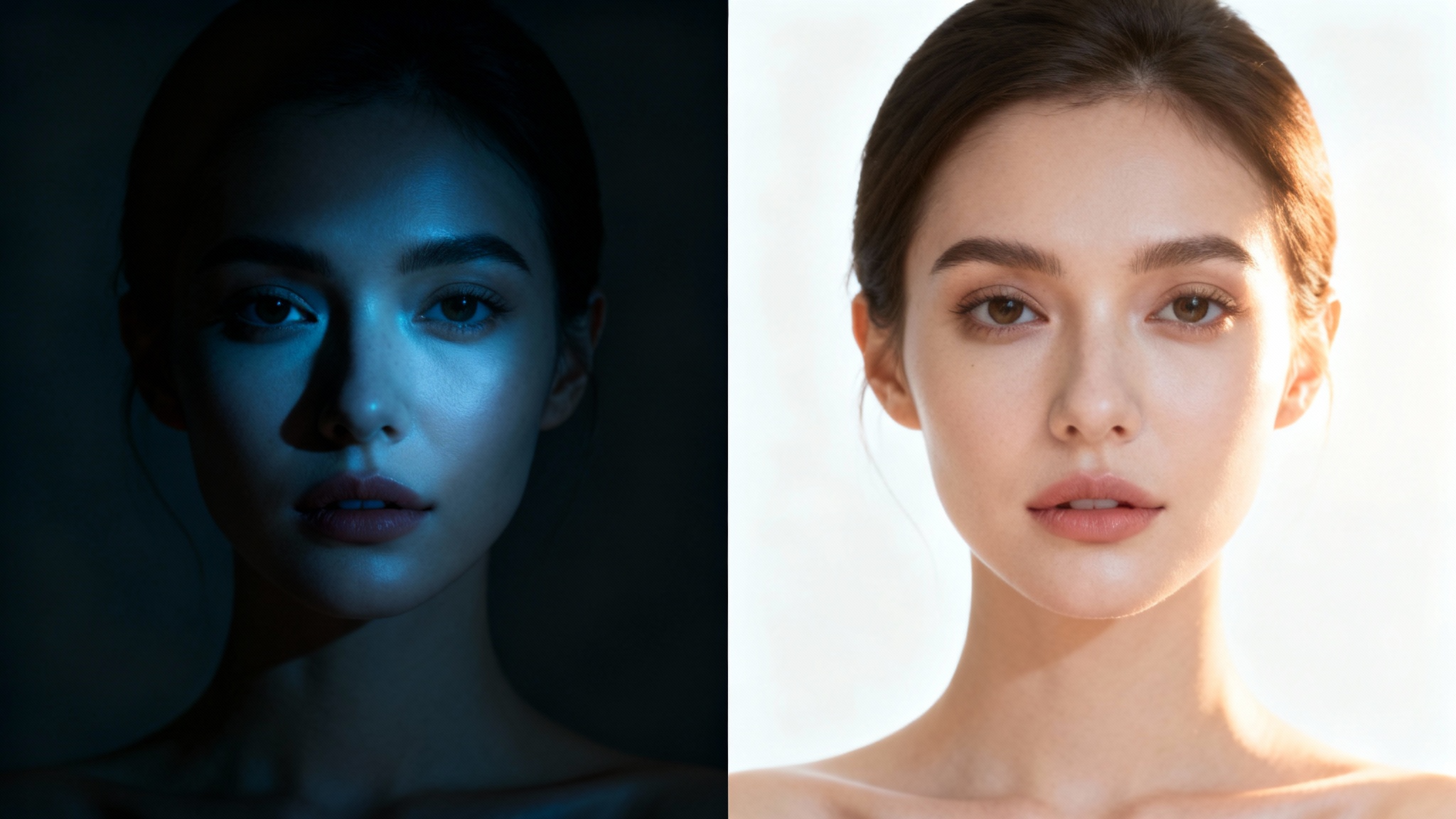 A before-and-after image showing the effect of lighting correction on a woman's portrait, with the corrected side appearing bright, warm, and clear.