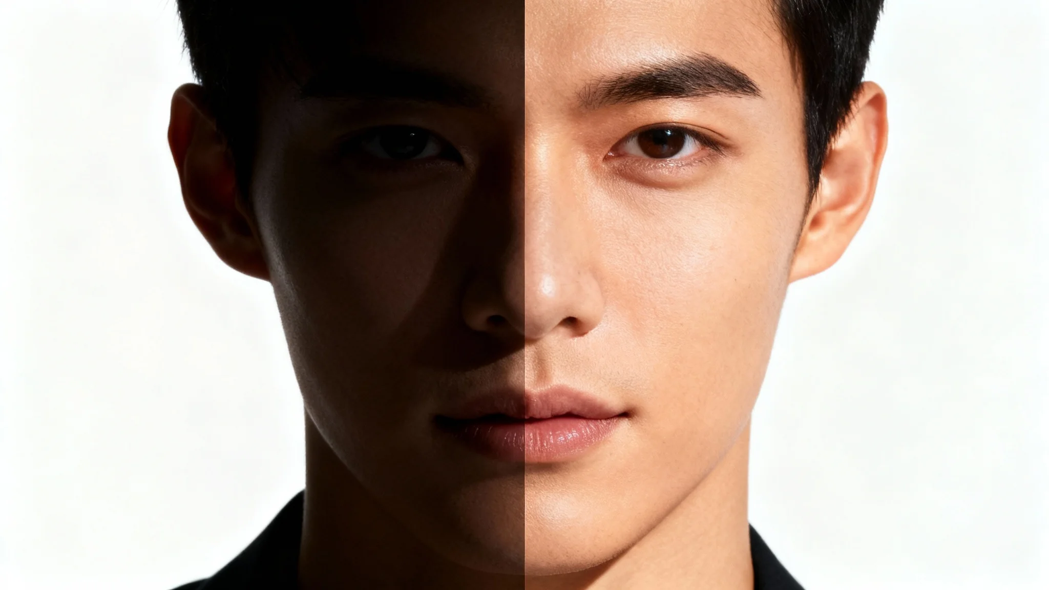 A split-screen portrait demonstrating lighting correction; the left side is dark and poorly lit, while the right side is bright and professionally illuminated.