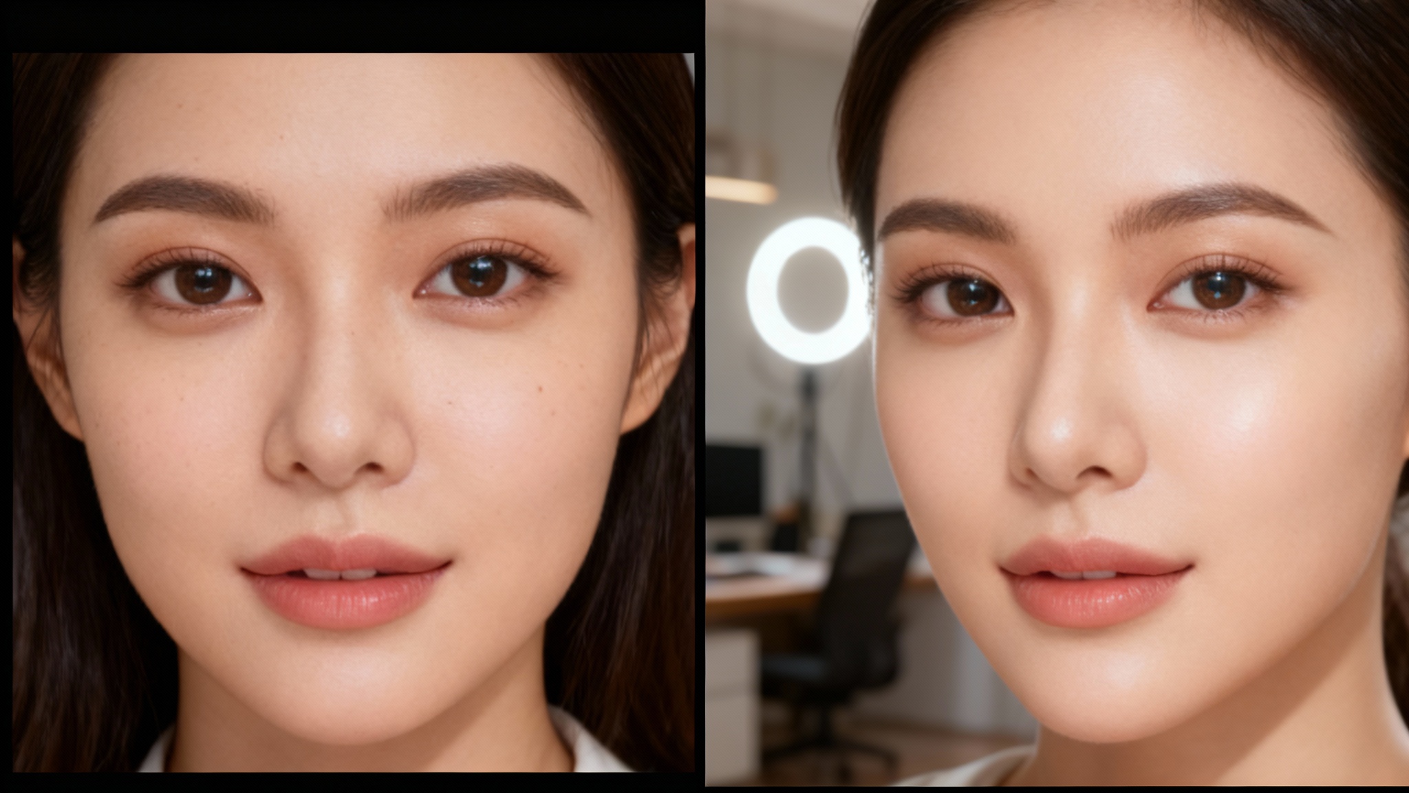 A split-screen comparison showing the result of a skin smoothing tool. The left side shows a person's face with natural skin texture, and the right side shows the same face with perfectly smooth, digitally enhanced skin.