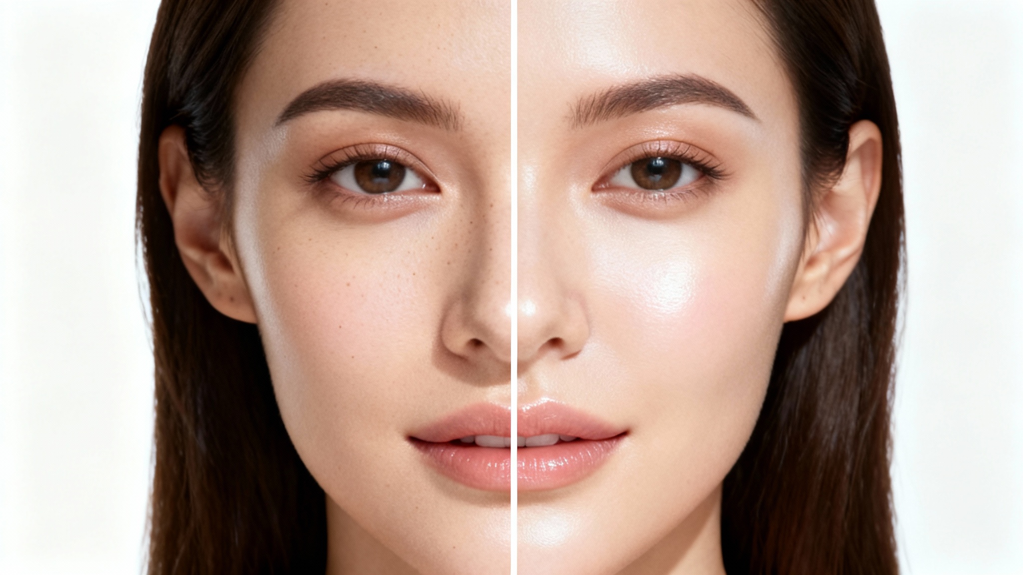 A split-screen close-up of a woman's face demonstrating a skin smoothing effect. The 'before' side shows natural skin texture, while the 'after' side shows perfectly smooth, flawless skin.