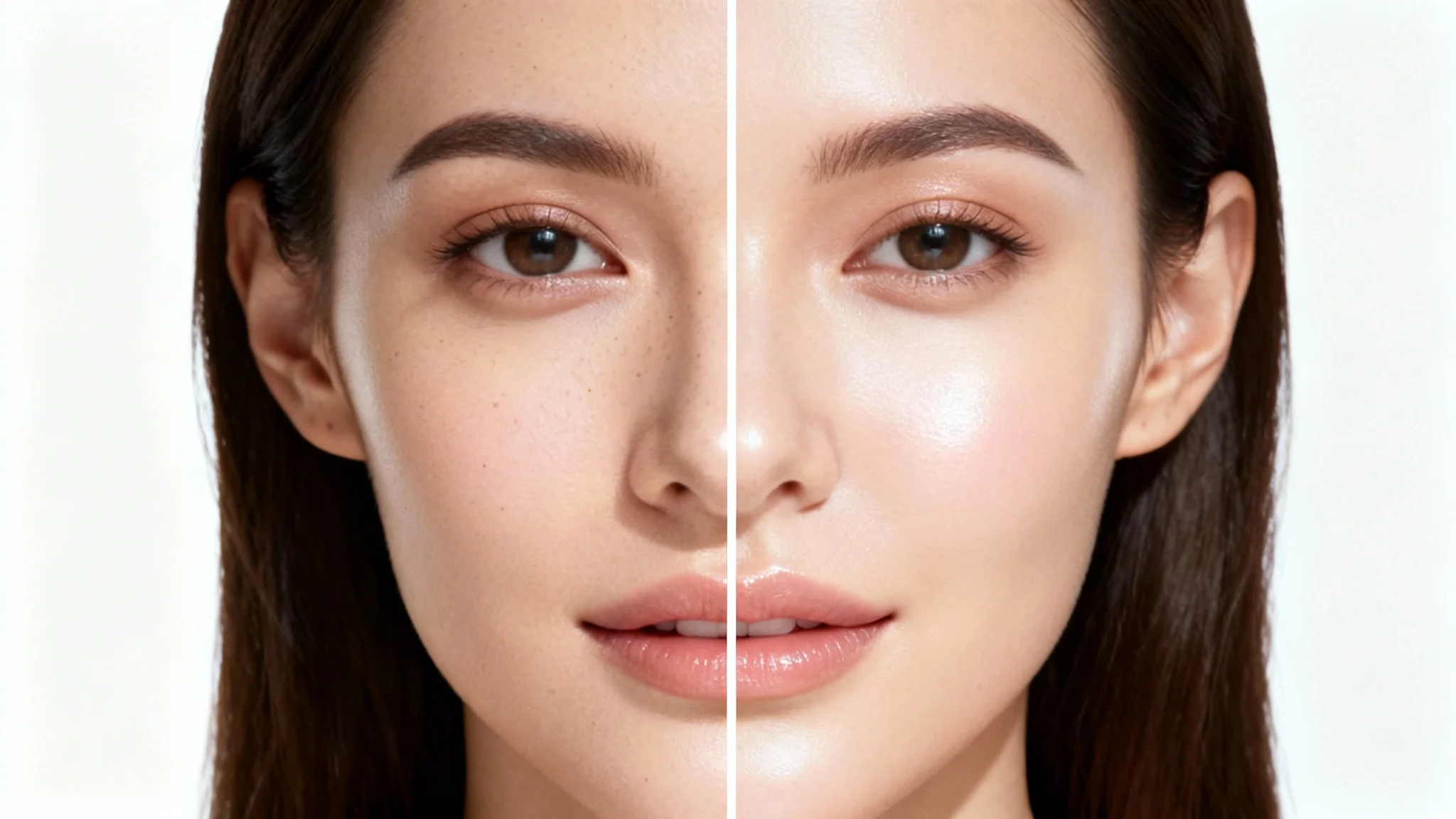 A split-screen close-up of a woman's face demonstrating a skin smoothing effect. The 'before' side shows natural skin texture, while the 'after' side shows perfectly smooth, flawless skin.