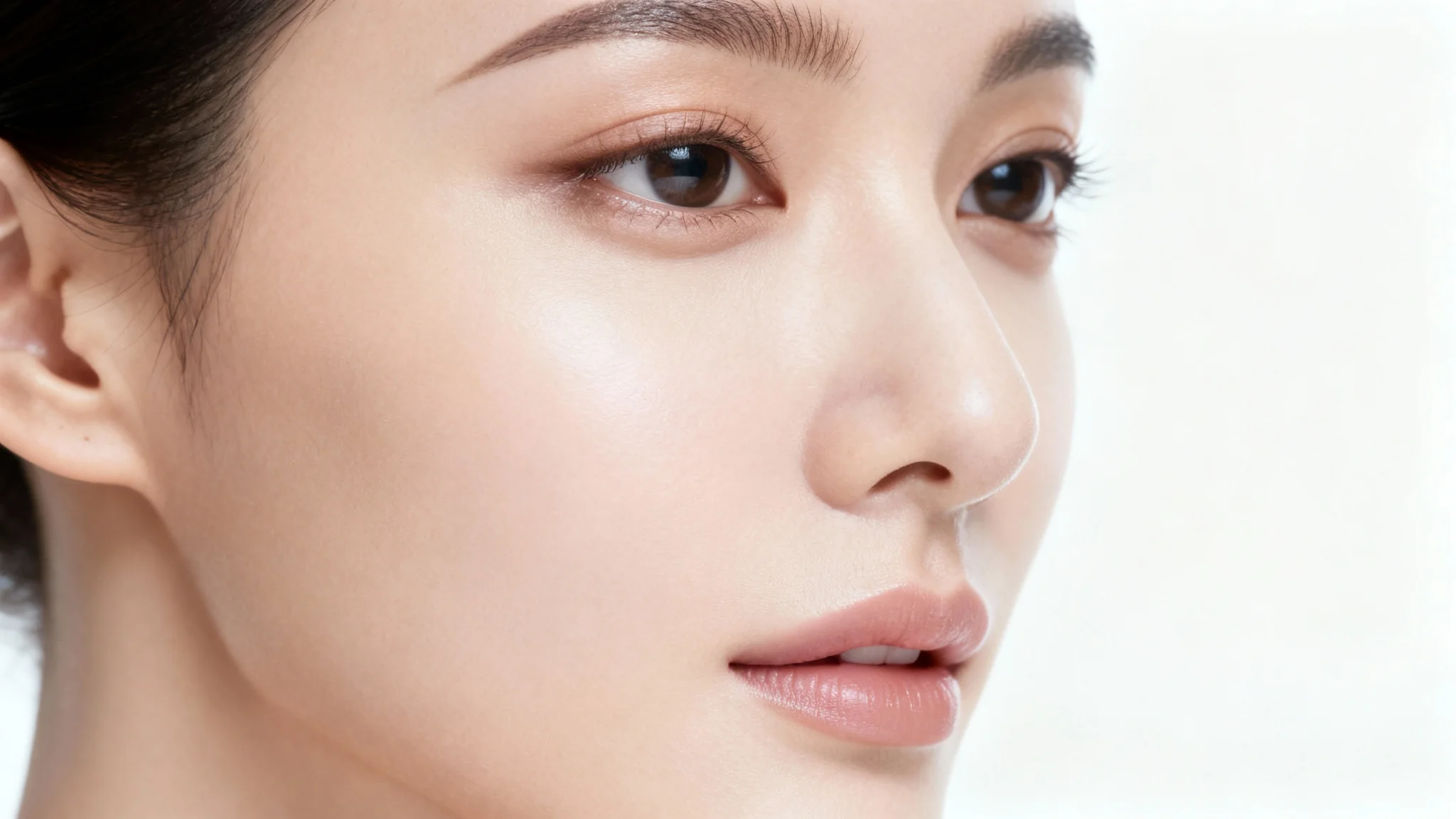 A hyper-realistic close-up of a woman's face with perfectly smooth, airbrushed-quality skin, set against a plain white background to illustrate the concept of skin smoothing.