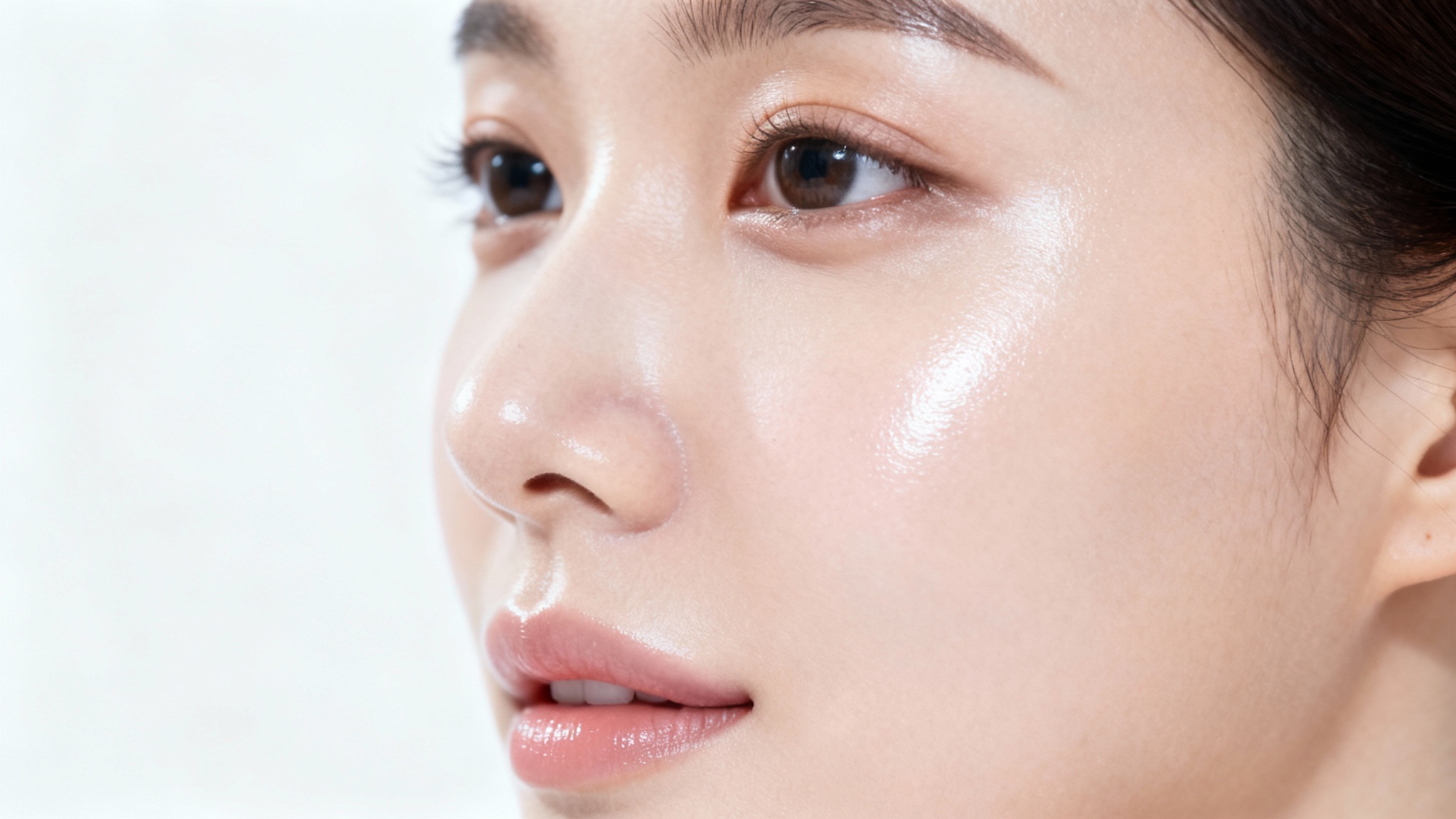 A close-up beauty shot of a woman's face with impeccably smooth, radiant skin, demonstrating the effect of a skin smoothing tool against a plain white background.