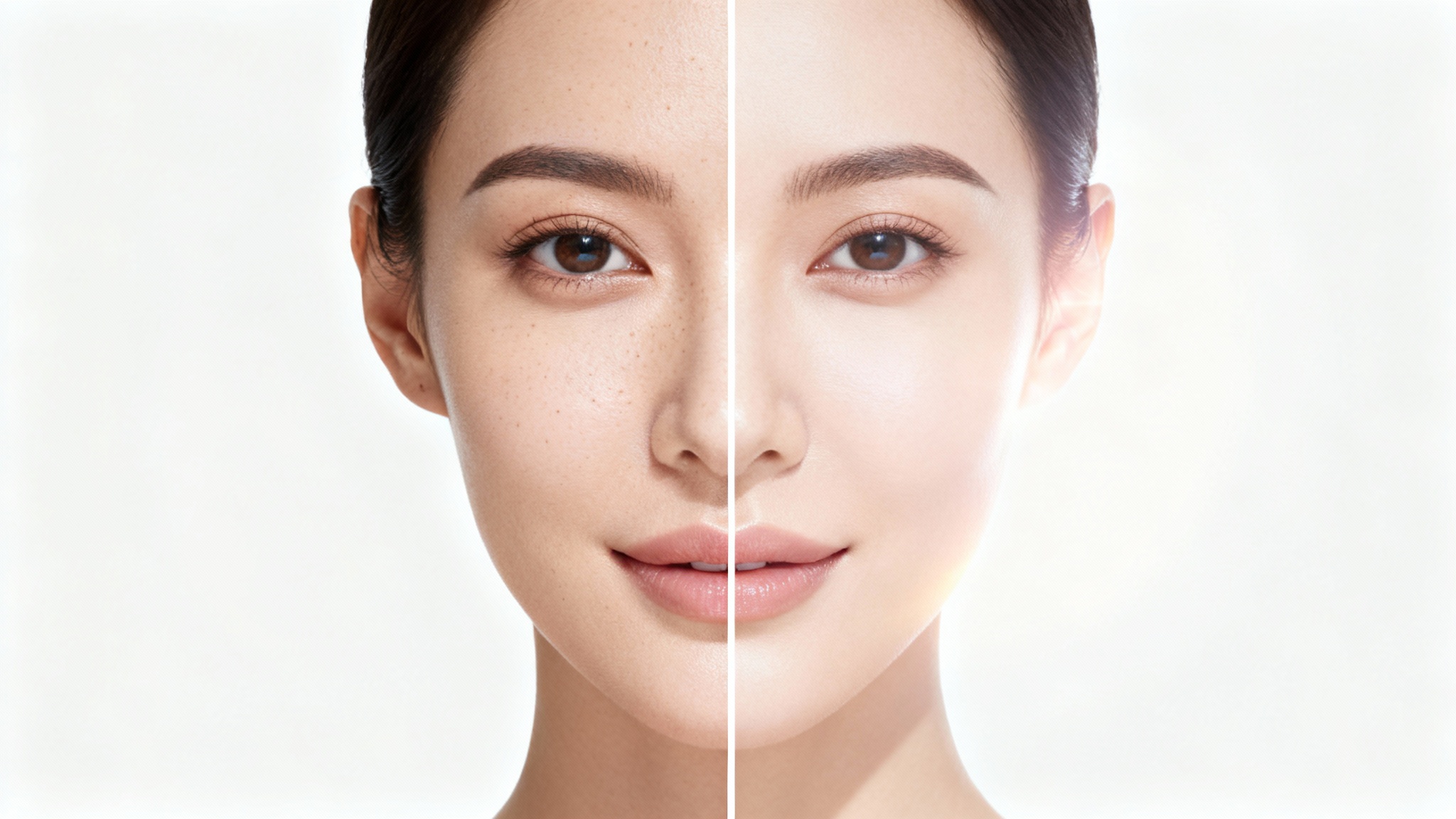 A close-up, split-screen portrait of a woman's face demonstrating a skin smoothing effect. The left side shows her natural skin texture, while the right side is perfectly smooth and flawless.