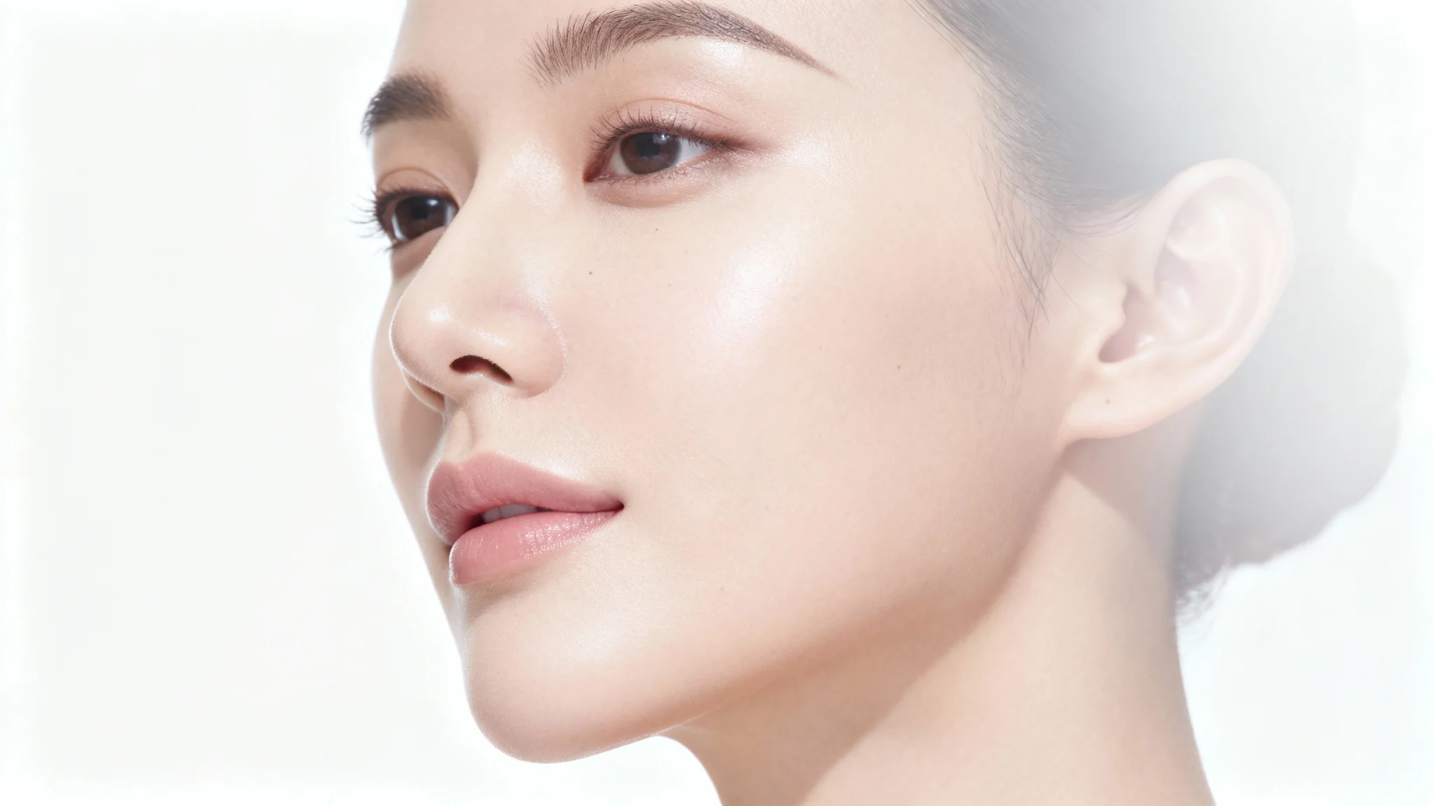 A hyper-realistic close-up of a woman's face with perfectly smooth, glowing skin, shown against a stark white background to emphasize its flawless texture.