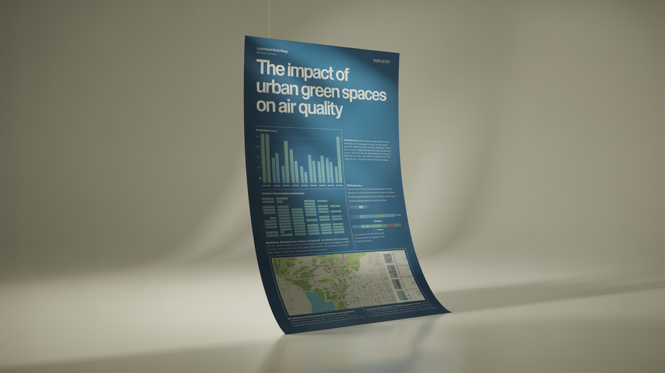 A professionally designed research poster about urban green spaces and air quality, displayed at an angle against a clean background, showcasing its modern layout and data visualizations.