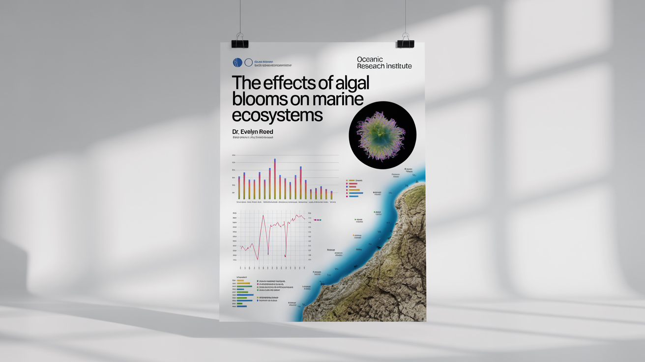 A mockup of a scientific research poster about the effects of algal blooms on marine ecosystems, featuring graphs, maps, and a clean, professional layout against a white background.