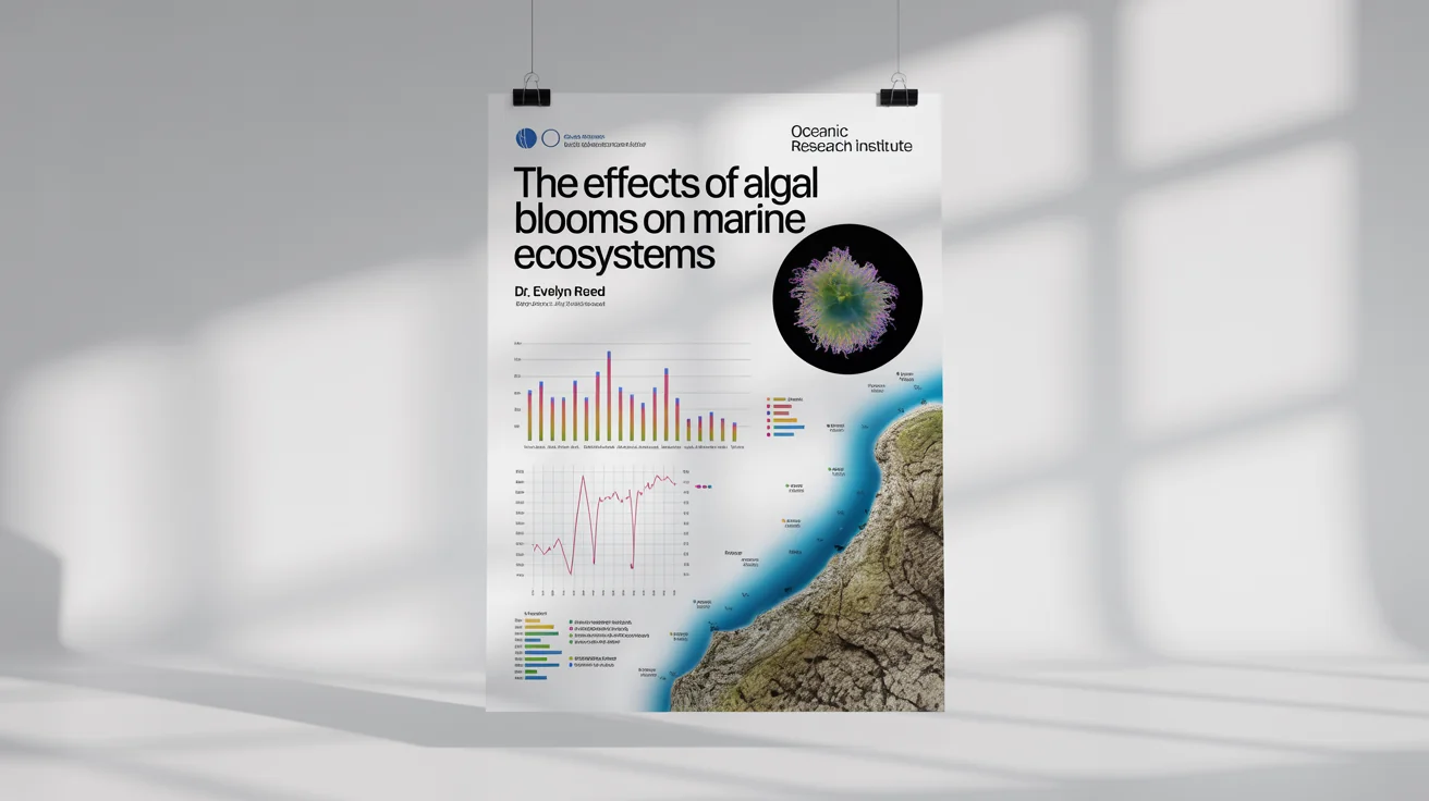 A mockup of a scientific research poster about the effects of algal blooms on marine ecosystems, featuring graphs, maps, and a clean, professional layout against a white background.