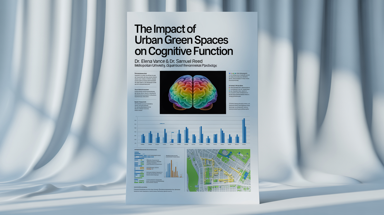 A mockup of a scientific research poster titled 'The Impact of Urban Green Spaces on Cognitive Function', showing a clean layout with a brain scan image, charts, and text on a white background.