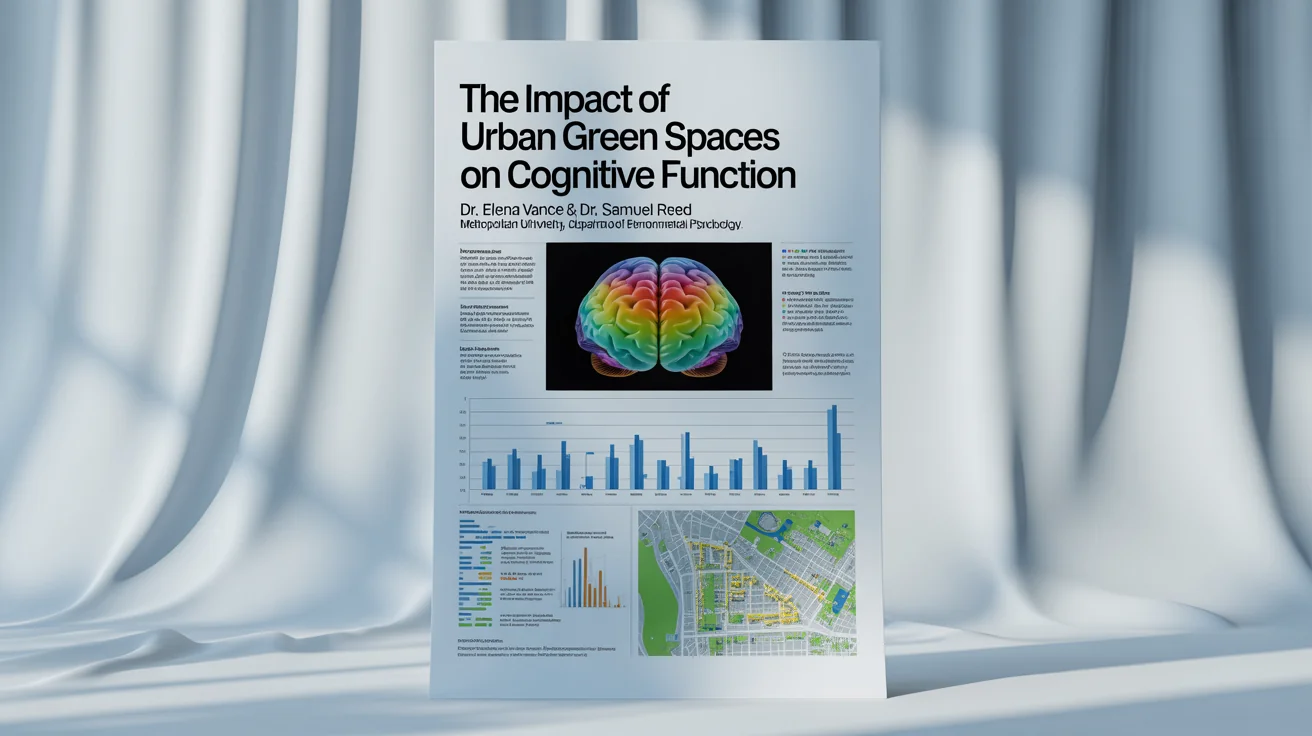 A mockup of a scientific research poster titled 'The Impact of Urban Green Spaces on Cognitive Function', showing a clean layout with a brain scan image, charts, and text on a white background.