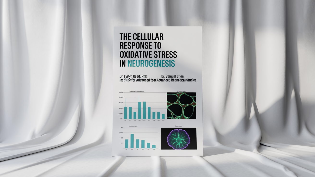 A professionally designed research poster mockup about neurogenesis and oxidative stress, displayed against a plain white background. The poster includes legible text, graphs, and cellular diagrams.