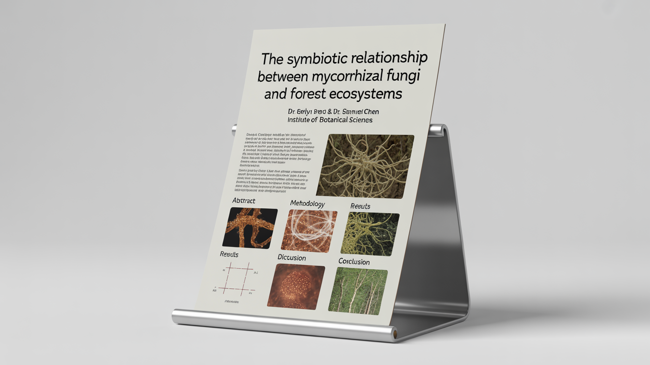 A professional mockup of a scientific research poster about forest ecosystems, presented on a sleek stand against a clean white background.