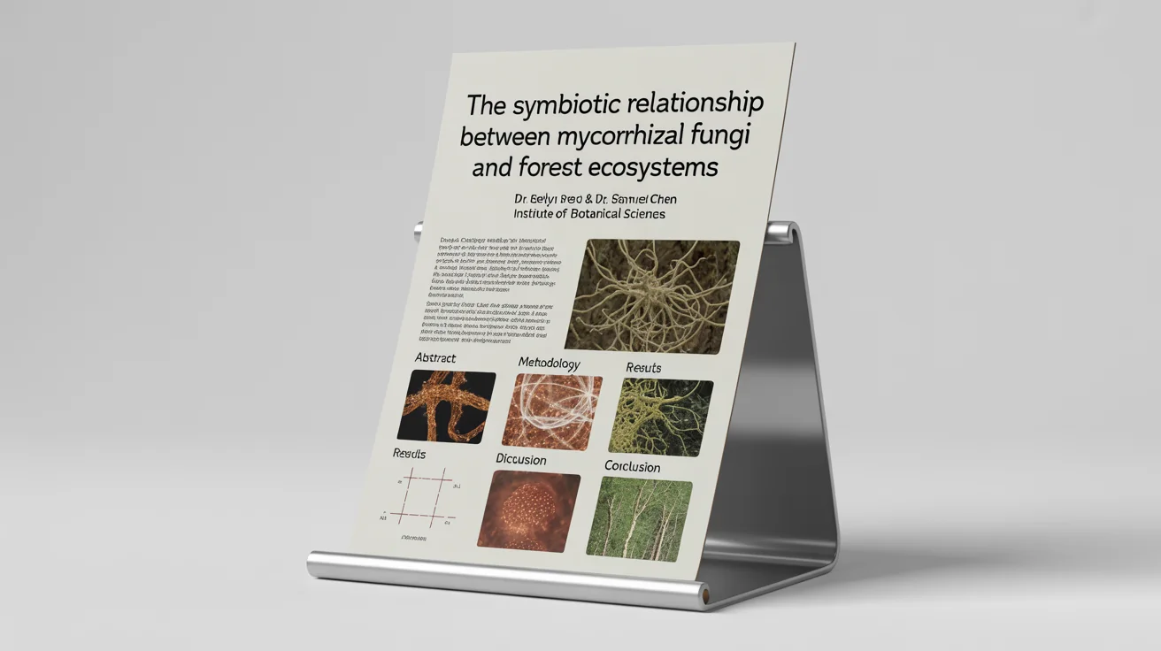 A professional mockup of a scientific research poster about forest ecosystems, presented on a sleek stand against a clean white background.