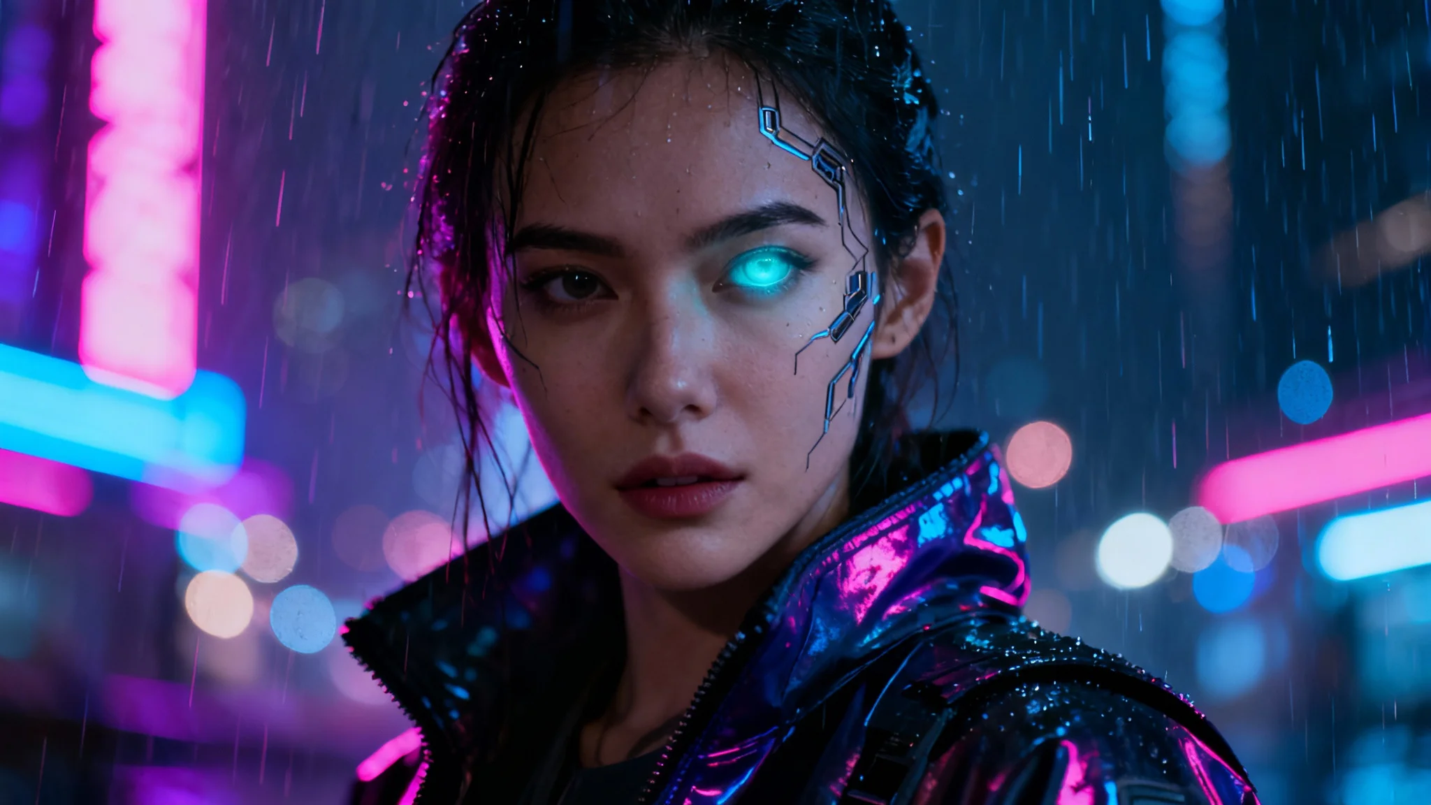 A detailed, cinematic cyberpunk portrait of a woman with glowing cybernetic implants, set against a rainy, neon-lit city at night.
