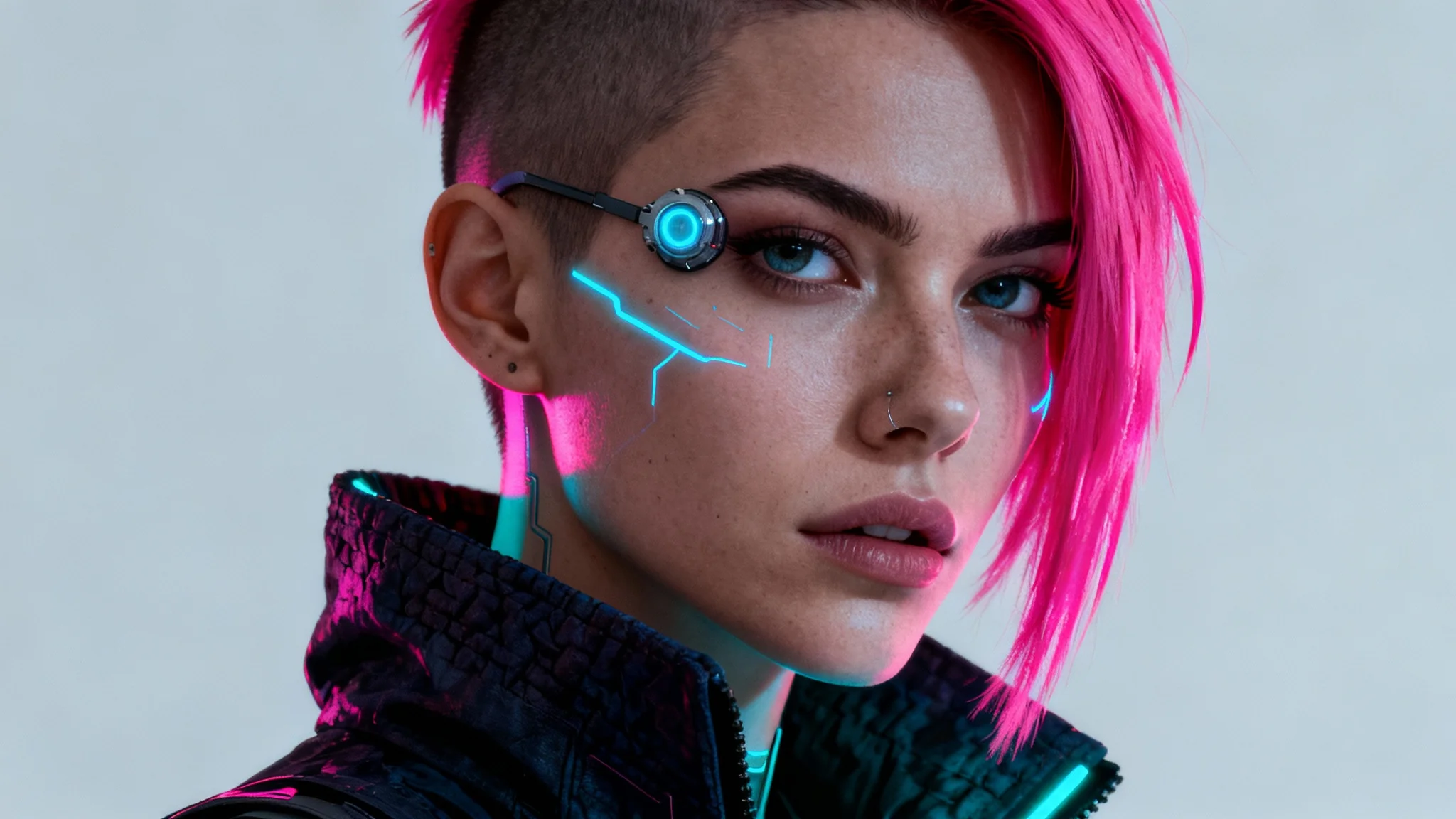 A photorealistic cyberpunk portrait of a woman with neon pink hair and glowing blue cybernetic lines on her face, posing against a clean light grey background.