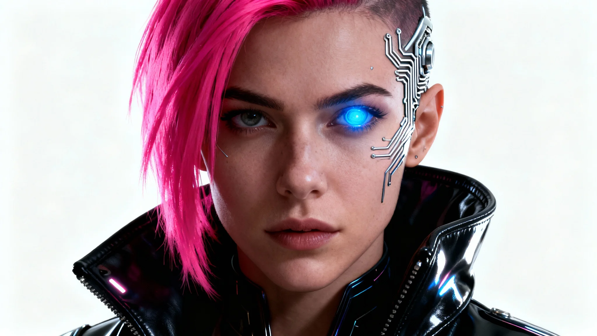 A photorealistic portrait of a woman with cyberpunk enhancements. She has bright pink hair, a glowing blue cybernetic eye, and circuitry on her face, all set against a stark white background.