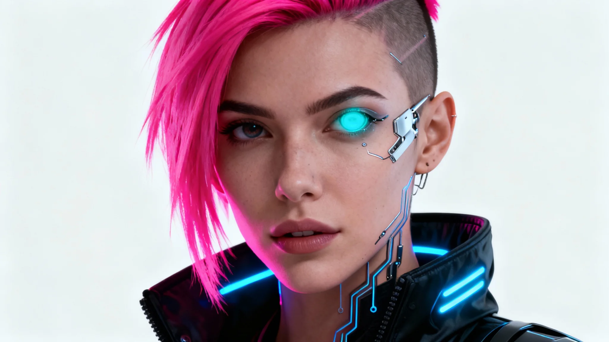 A photorealistic cyberpunk portrait of a woman with neon pink hair and a glowing cybernetic eye, set against a plain white background.
