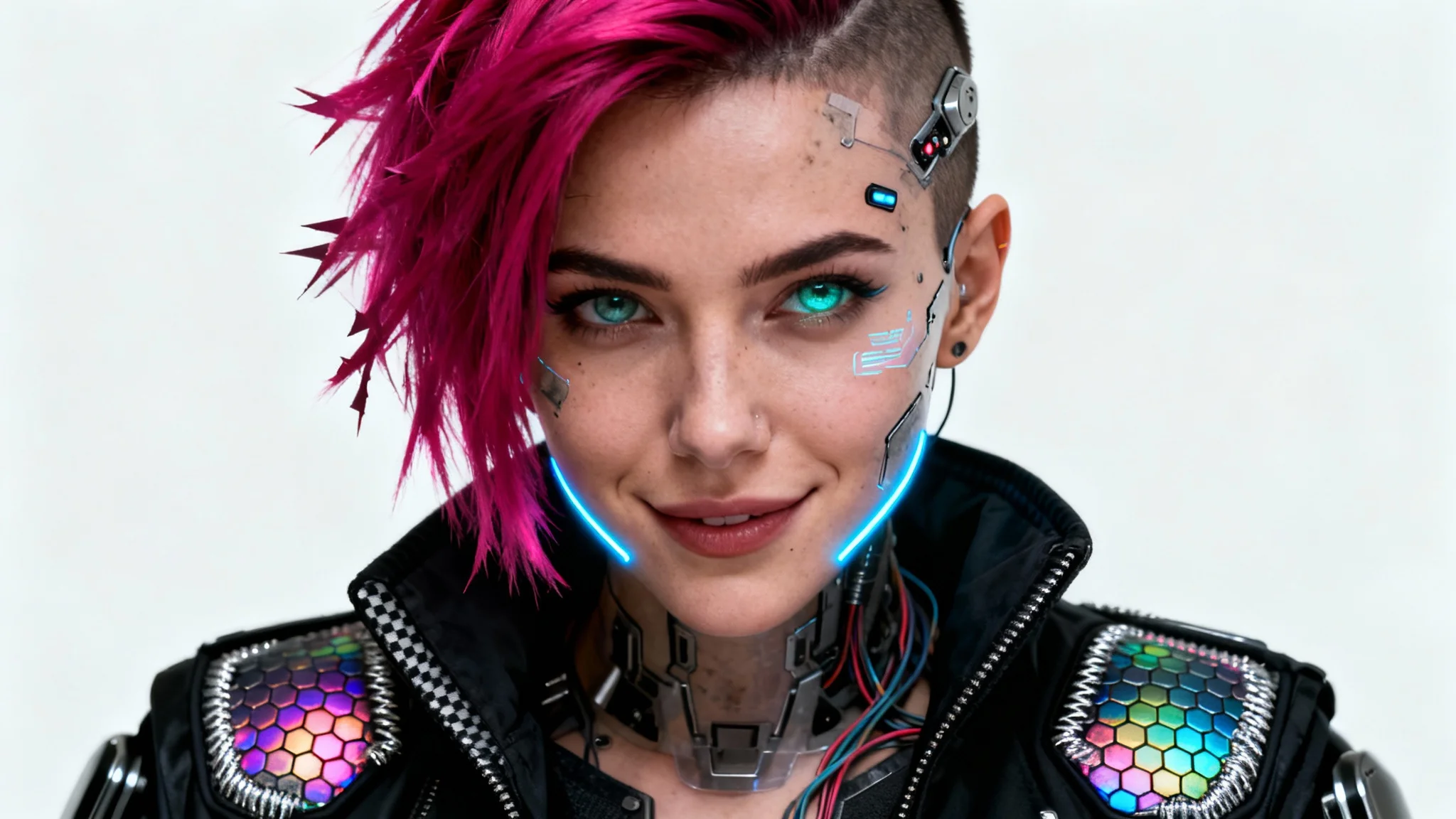 A cyberpunk portrait of a woman with glowing cybernetic face implants and vibrant blue hair, set against a plain white background.