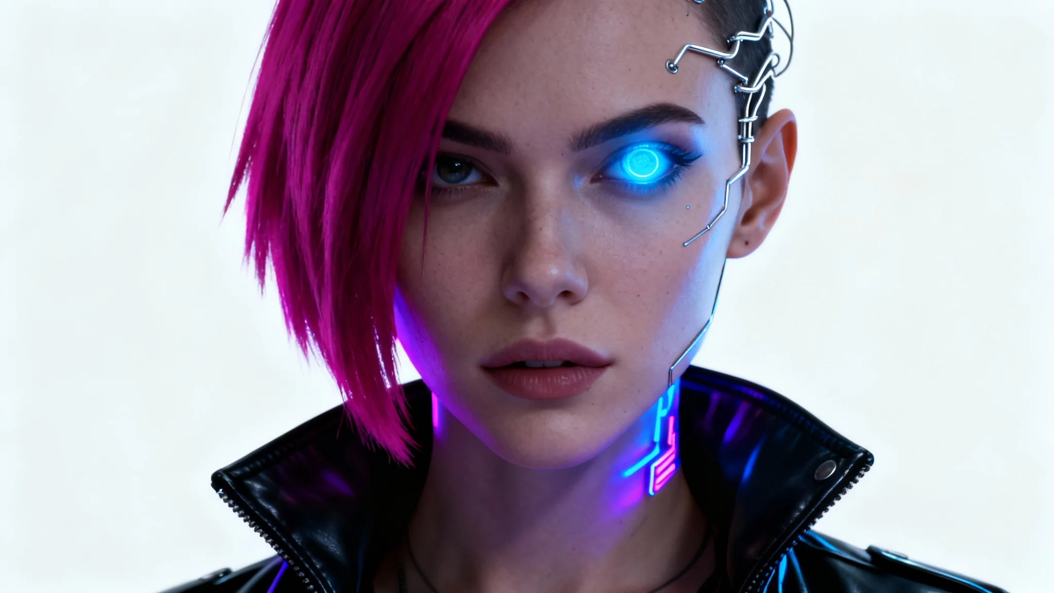 A photorealistic portrait of a woman in a cyberpunk style, featuring a glowing blue cybernetic eye and magenta hair, set against a plain white background.
