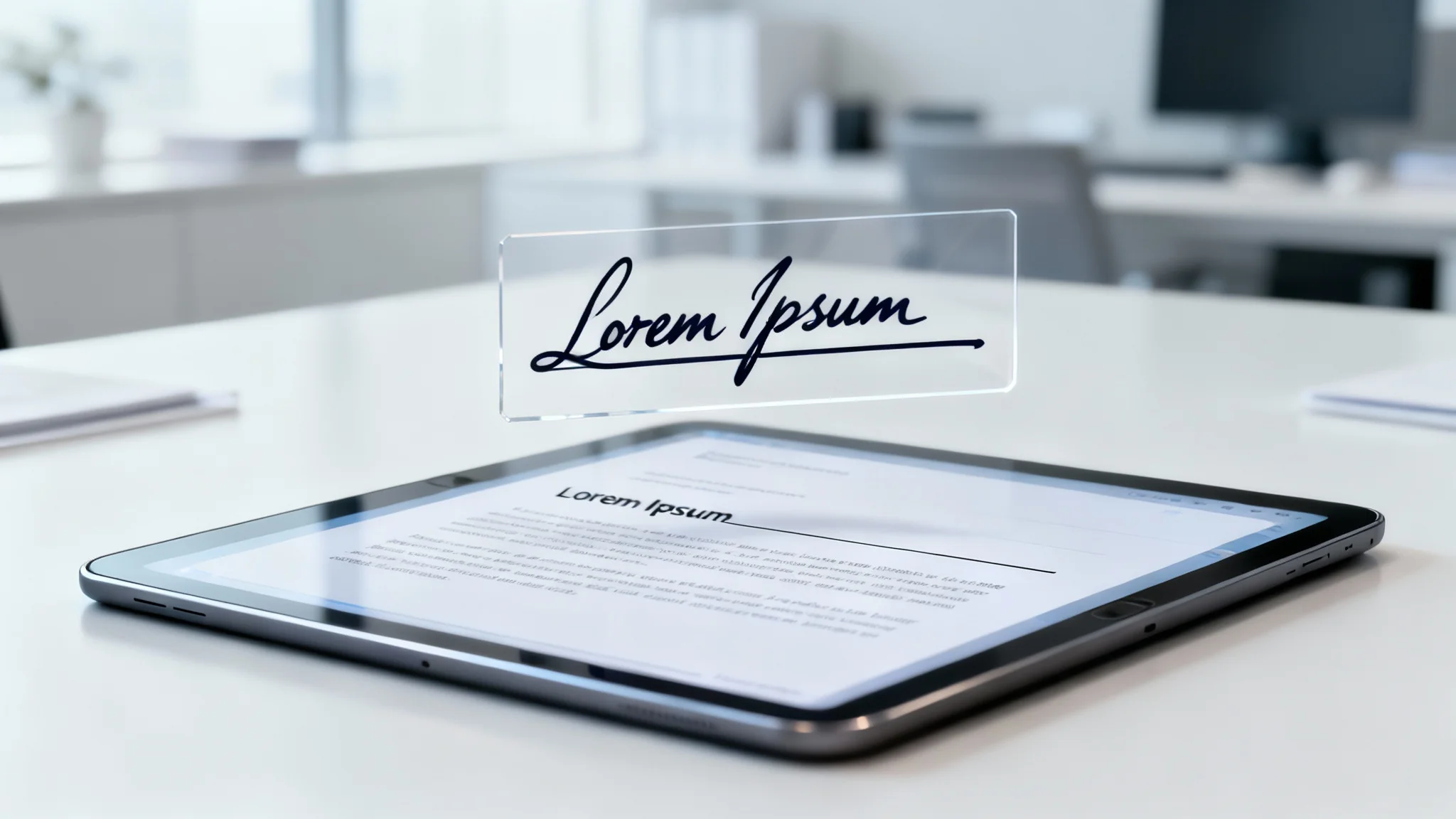 An elegant, handwritten signature, perfectly extracted, being placed onto a digital contract on a tablet, showcasing the final result of a signature extraction tool.