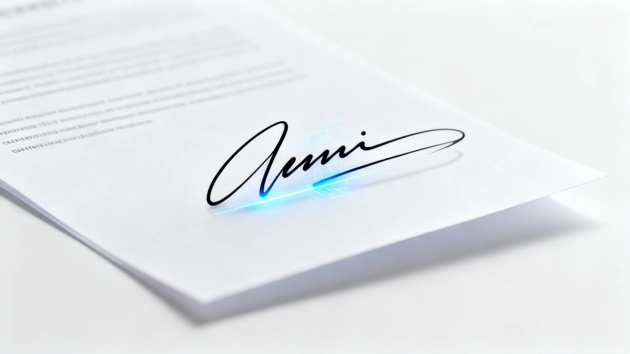 A close-up of a handwritten signature in black ink floating above a white paper document, surrounded by a faint blue glow to represent digital extraction.