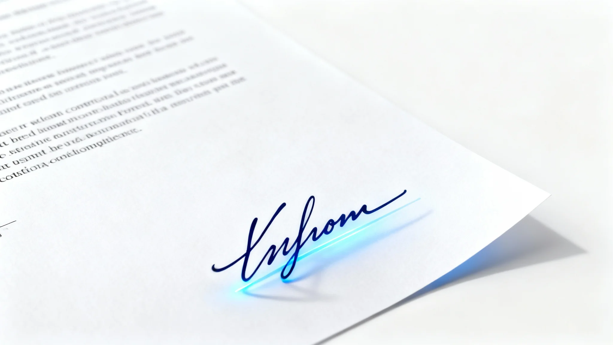 A close-up of a handwritten signature in blue ink being digitally extracted and lifted off a formal document against a clean white background, symbolizing signature extraction.