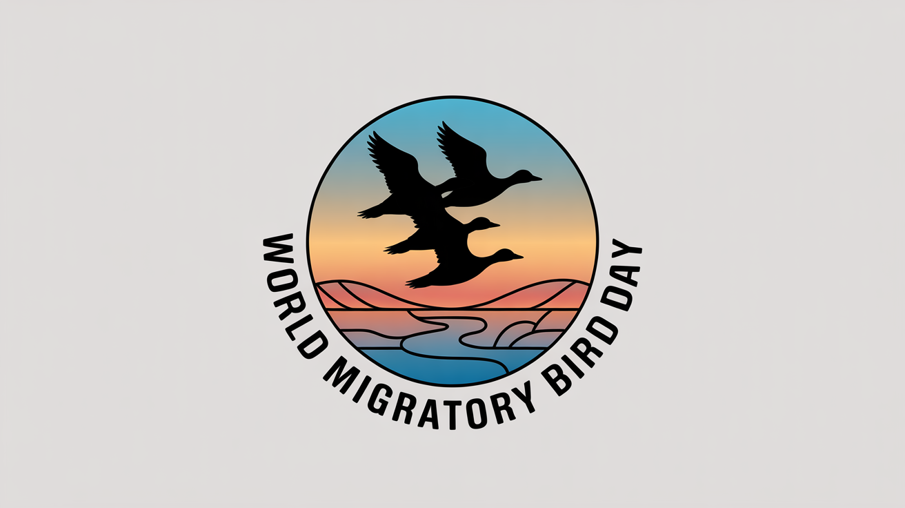 A polished circular logo for World Migratory Bird Day featuring a bird silhouette against a sunrise-to-sky gradient, with the event name in a modern font curved at the bottom.