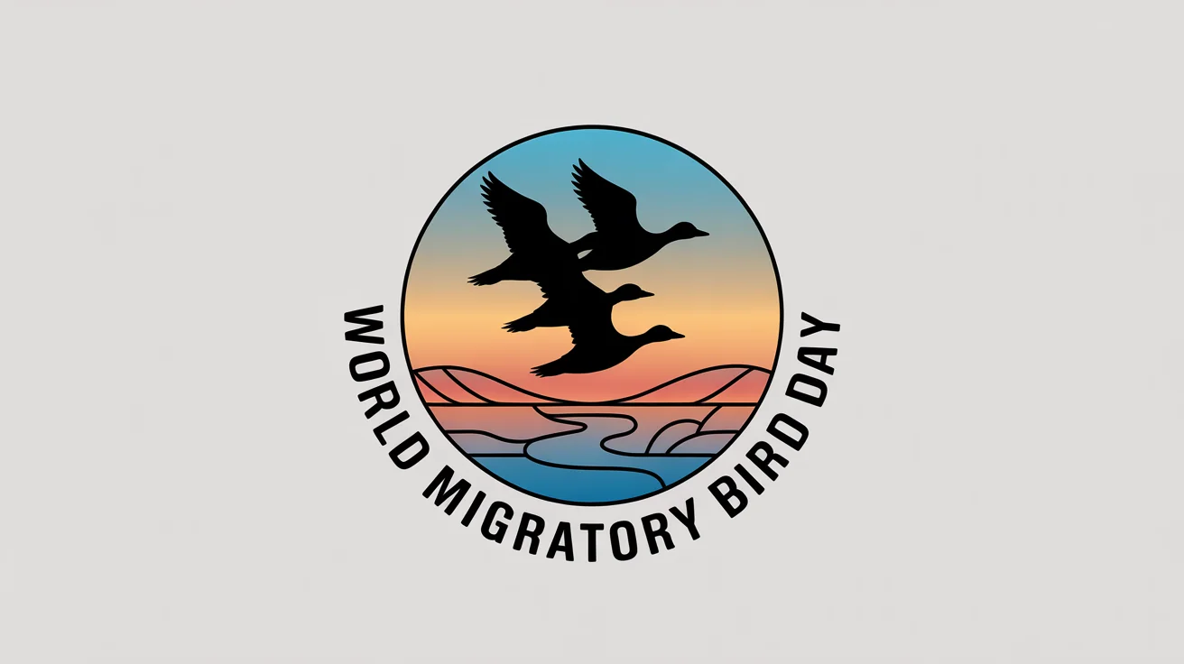A polished circular logo for World Migratory Bird Day featuring a bird silhouette against a sunrise-to-sky gradient, with the event name in a modern font curved at the bottom.