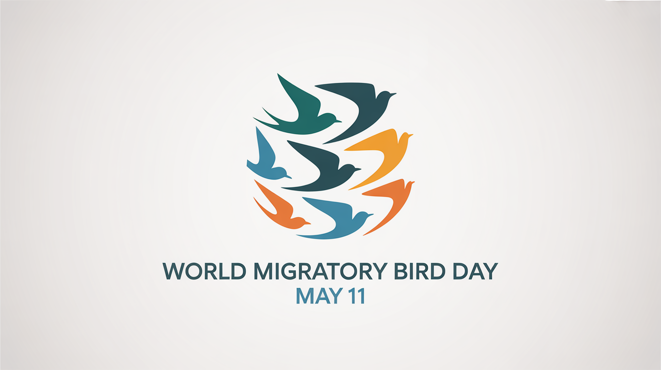 A modern logo for World Migratory Bird Day, featuring stylized birds in a circular blue, teal, and orange design on a white background, with the text "World Migratory Bird Day MAY 11".