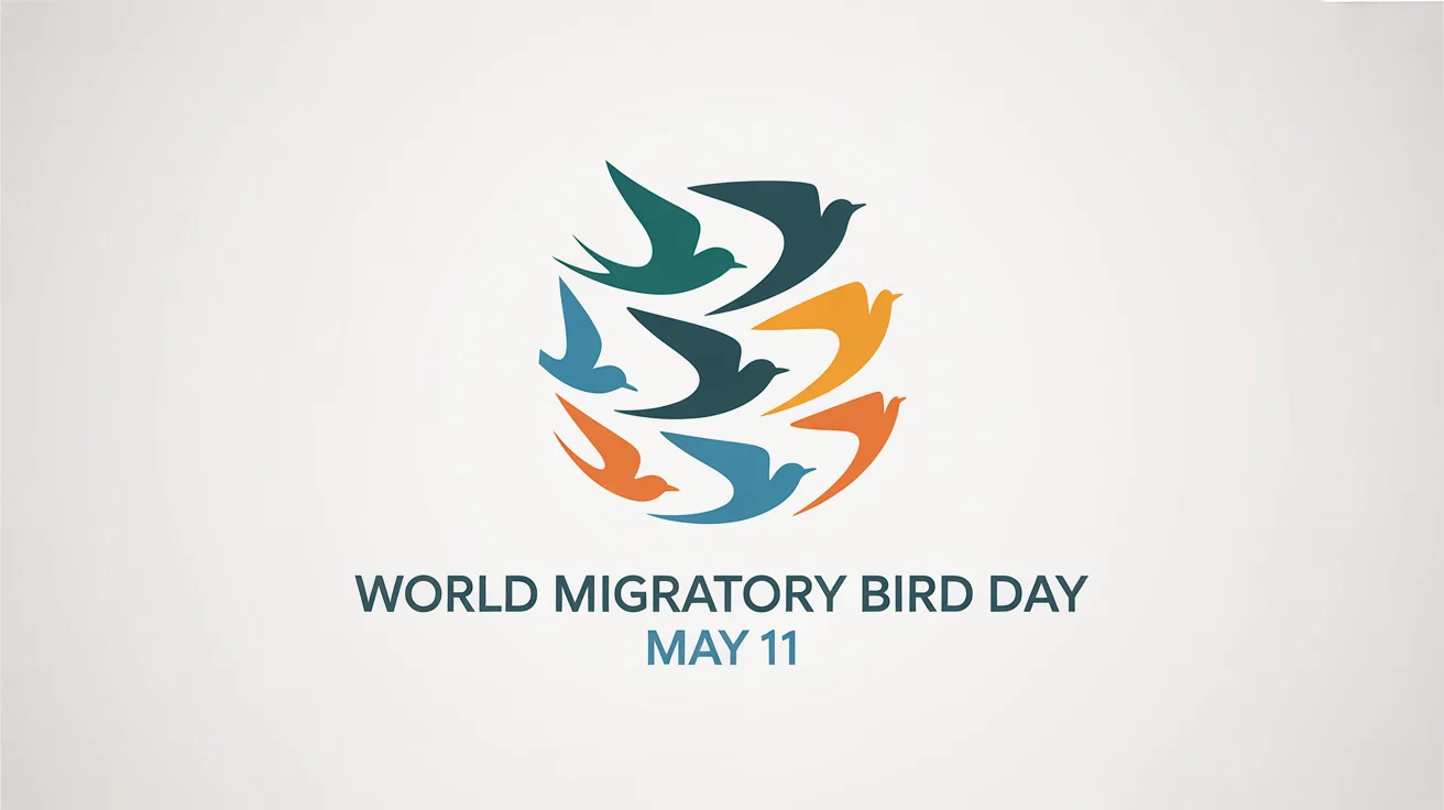 A modern logo for World Migratory Bird Day, featuring stylized birds in a circular blue, teal, and orange design on a white background, with the text "World Migratory Bird Day MAY 11".
