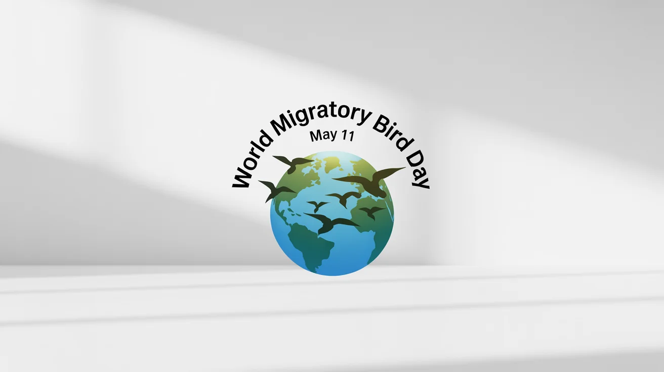 A professional logo mockup for World Migratory Bird Day, featuring a stylized globe and a flock of birds in flight, set against a plain white background.