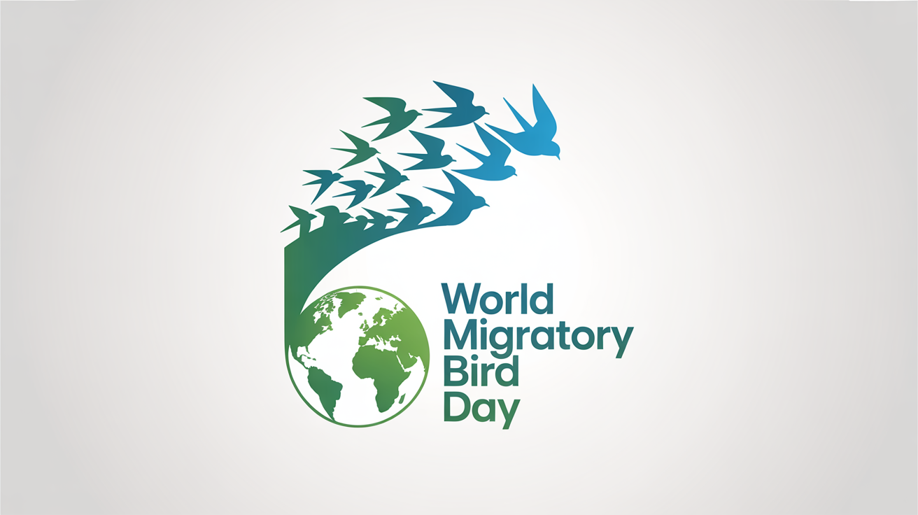 A professional logo mockup for World Migratory Bird Day, featuring a stylized flock of birds in shades of blue flying over a green minimalist globe, against a clean white background.