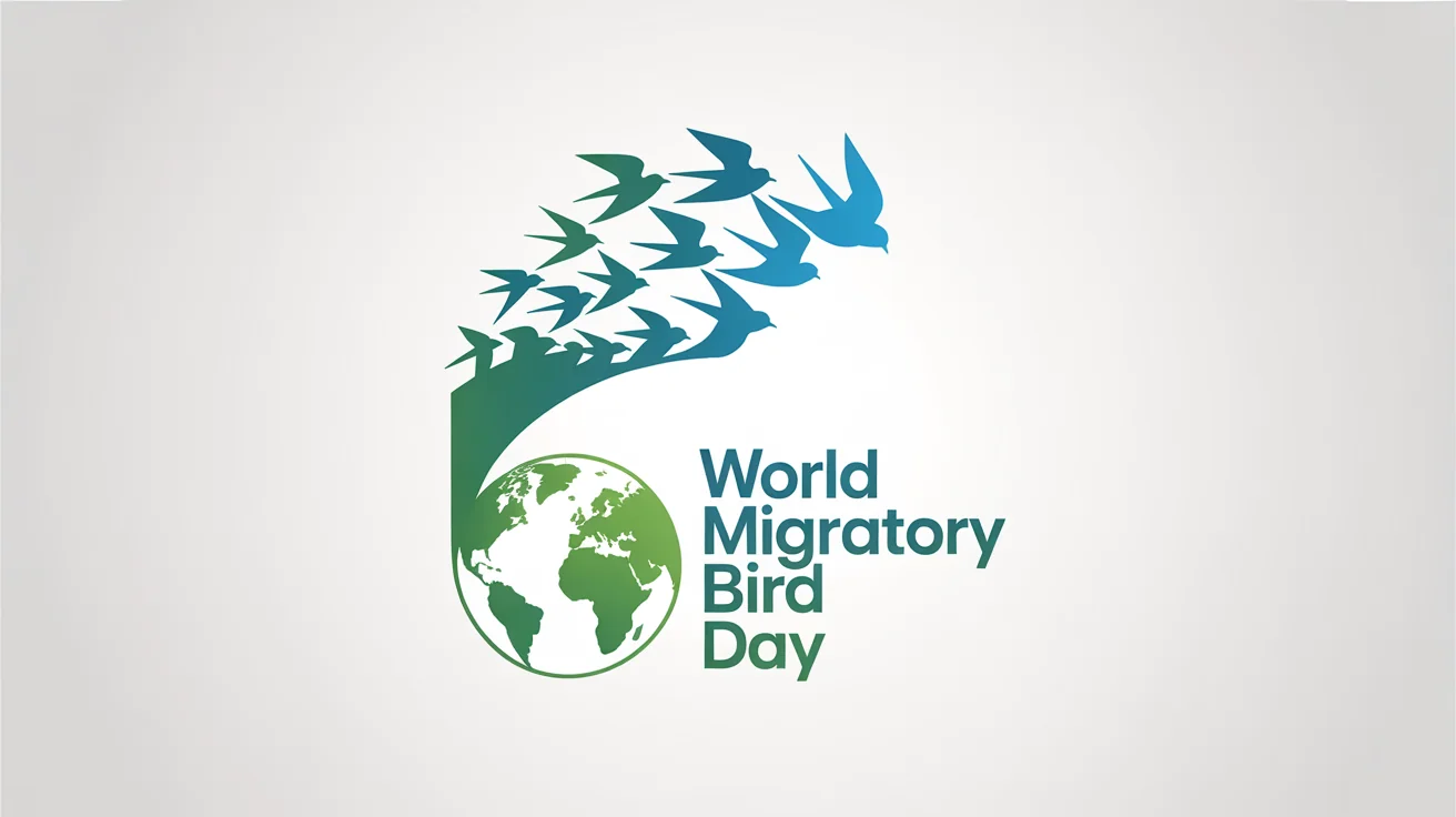 A professional logo mockup for World Migratory Bird Day, featuring a stylized flock of birds in shades of blue flying over a green minimalist globe, against a clean white background.