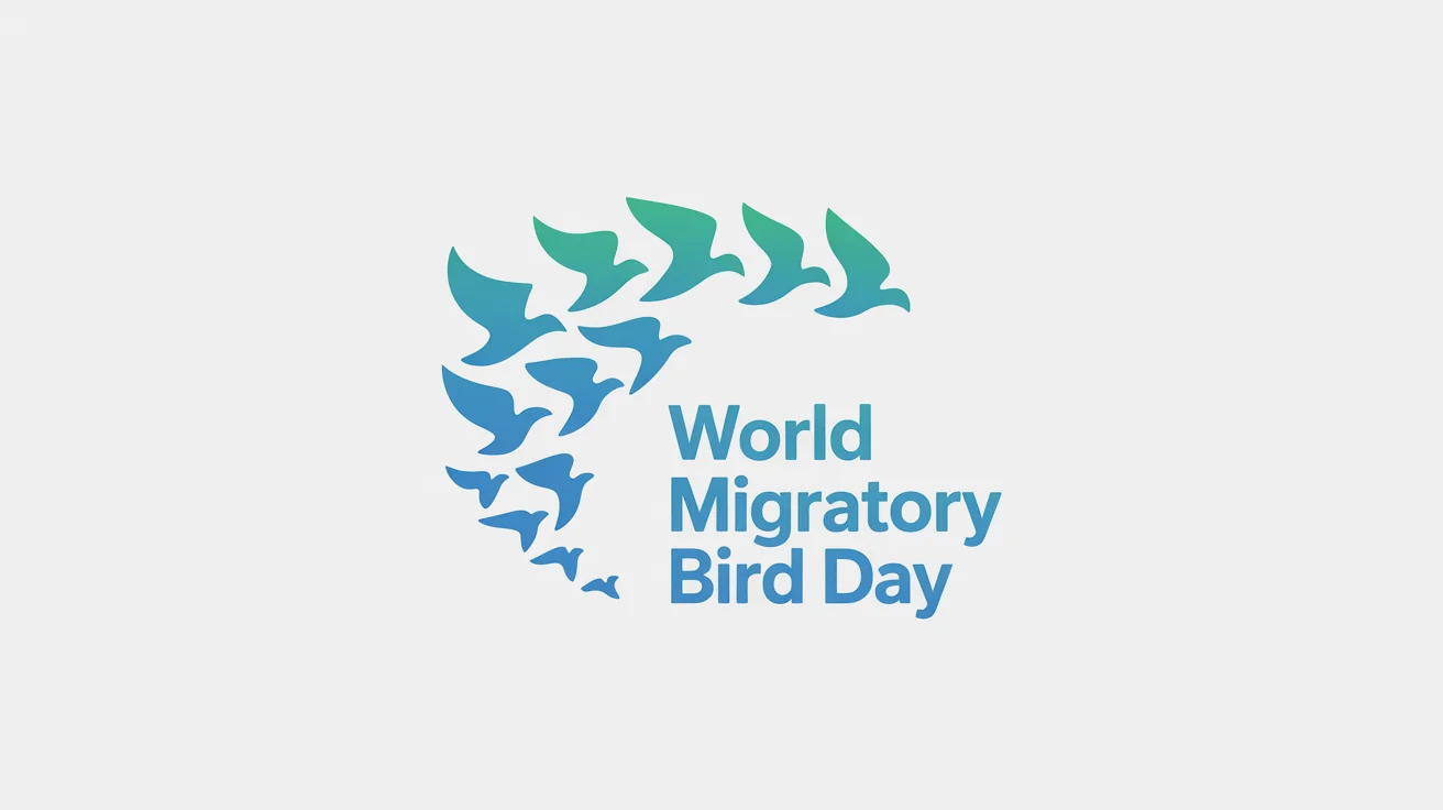 A modern logo for World Migratory Bird Day, showing a stylized flock of birds in flight in shades of blue, with the text 'World Migratory Bird Day' underneath, all on a white background.