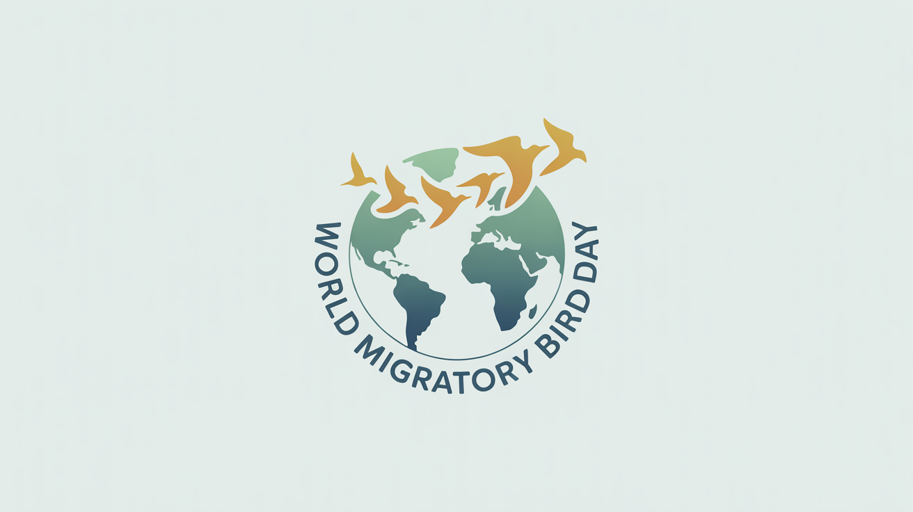 A modern, circular logo for World Migratory Bird Day, showing a flock of golden birds flying over a stylized blue and green globe, with the text 'World Migratory Bird Day' underneath.