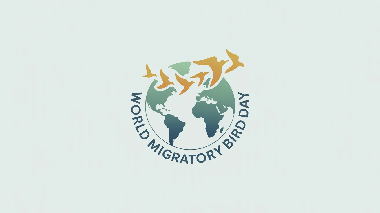 A modern, circular logo for World Migratory Bird Day, showing a flock of golden birds flying over a stylized blue and green globe, with the text 'World Migratory Bird Day' underneath.