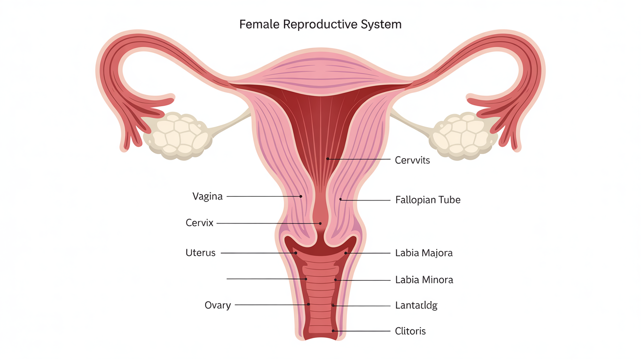 An educational diagram showing the anatomy of the human vagina and surrounding reproductive organs, with clear labels for different parts like the cervix, uterus, and labia.