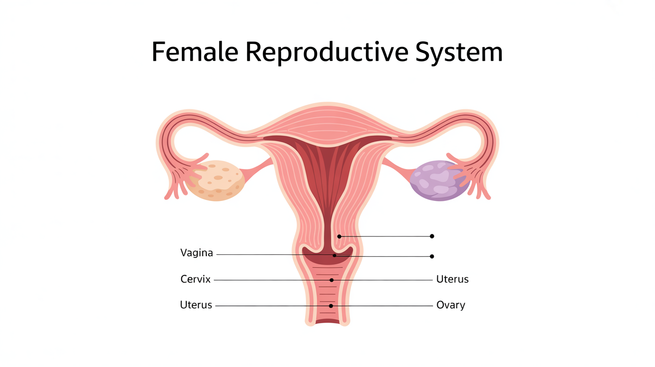 Anatomical diagram of the vagina and female reproductive system, showing the vagina, cervix, uterus, and ovary in a clean, modern illustrative style with labels.