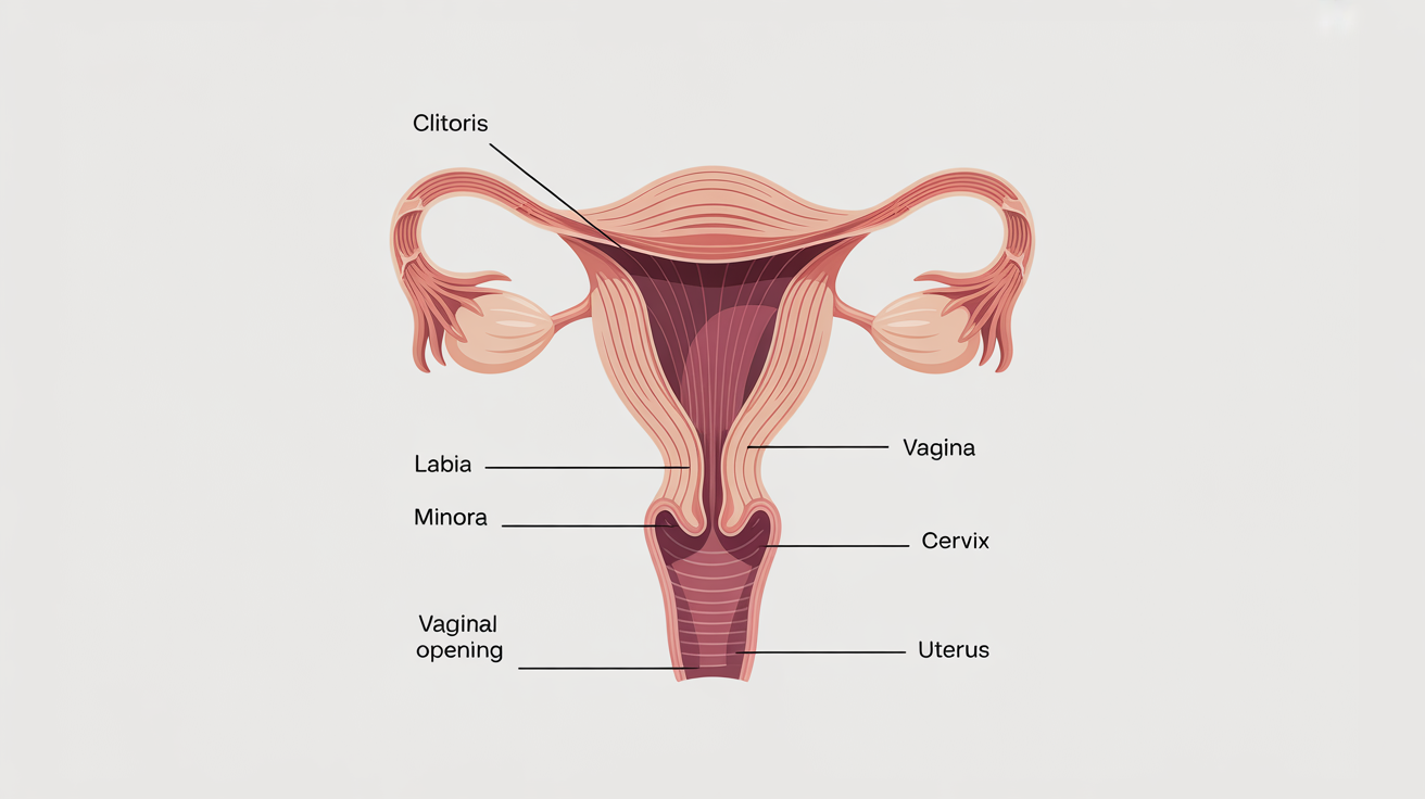 A modern and clear anatomical diagram of the vagina and surrounding female reproductive organs, with labels pointing to each part, set against a clean white background.