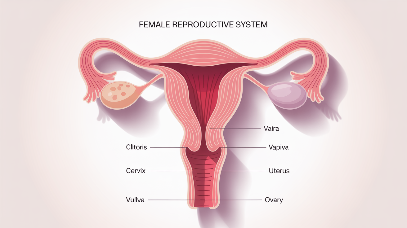 A modern and elegant anatomical diagram showing the key structures of the female vagina and reproductive system, with clear labels for educational purposes.