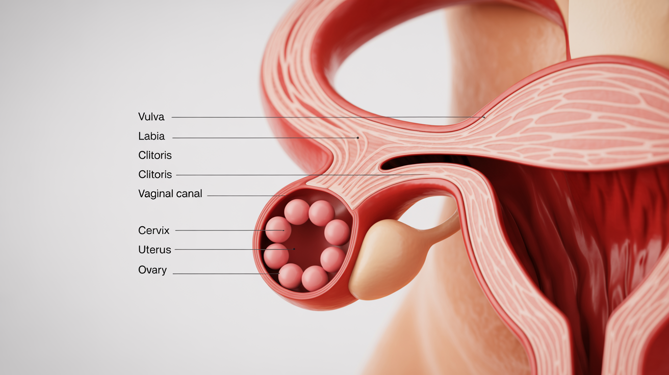 A detailed and labeled medical diagram showing the anatomy of the human vagina and surrounding reproductive organs, presented in a clean, modern style on a white background.