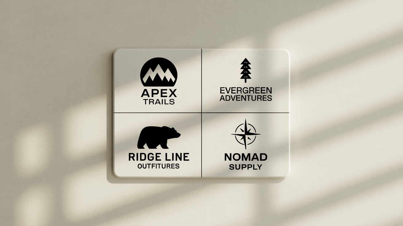 A showcase of four professionally designed outdoor logos for fictional brands, featuring mountains, a pine tree, a bear, and a compass, presented in a clean grid layout.